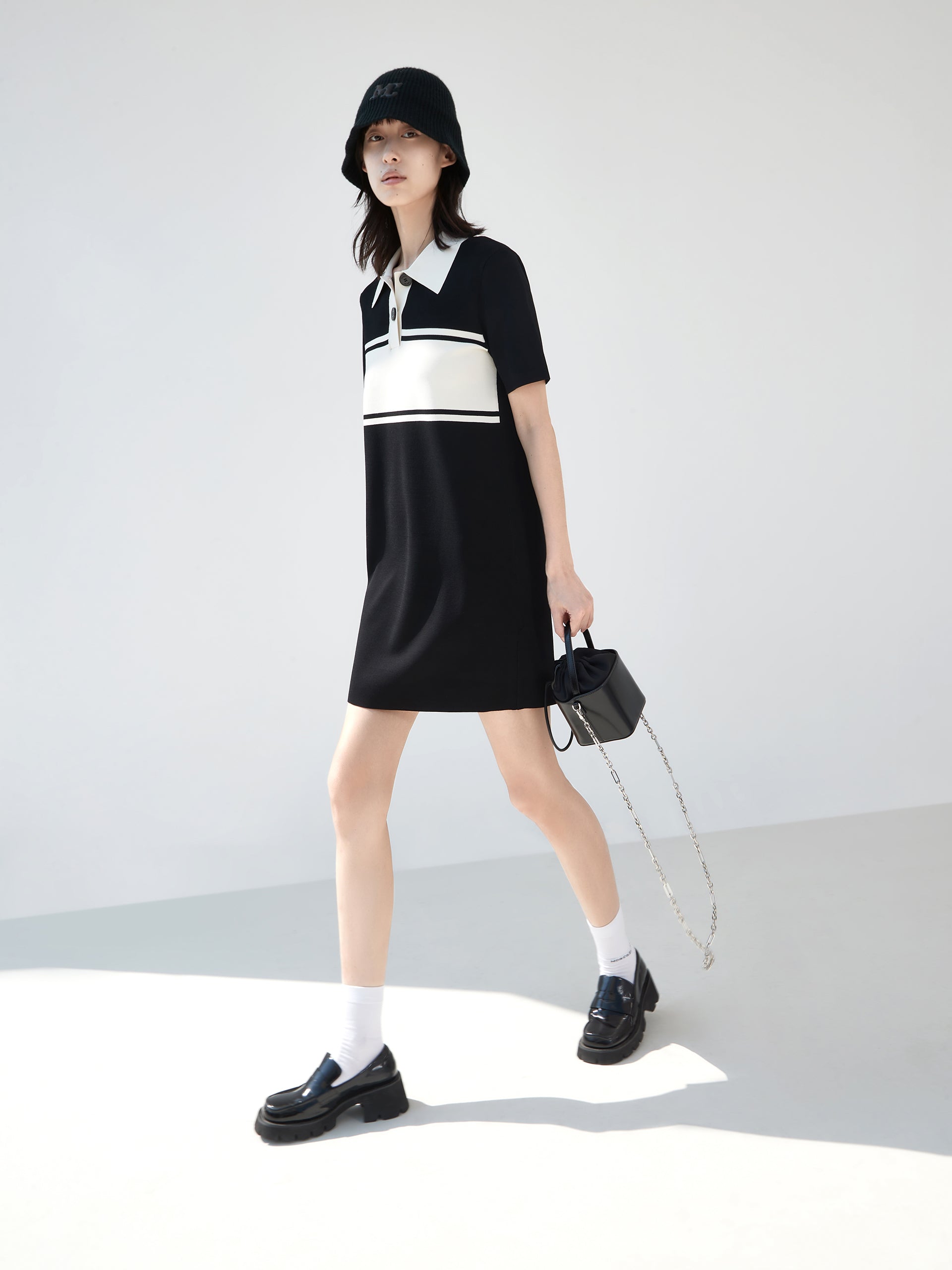 Black Polo Collar Contrasted Shift Mini Dress