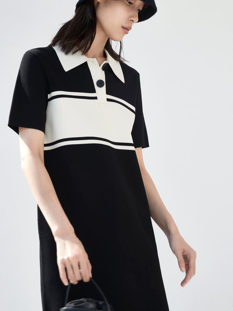 Black Polo Collar Contrasted Shift Mini Dress