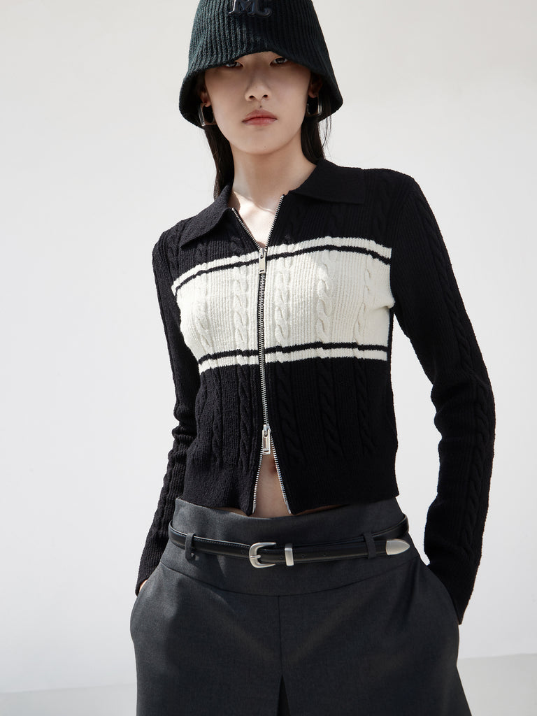 Black Two Way Zip Knitted Cotton-blendCollared Cardigan