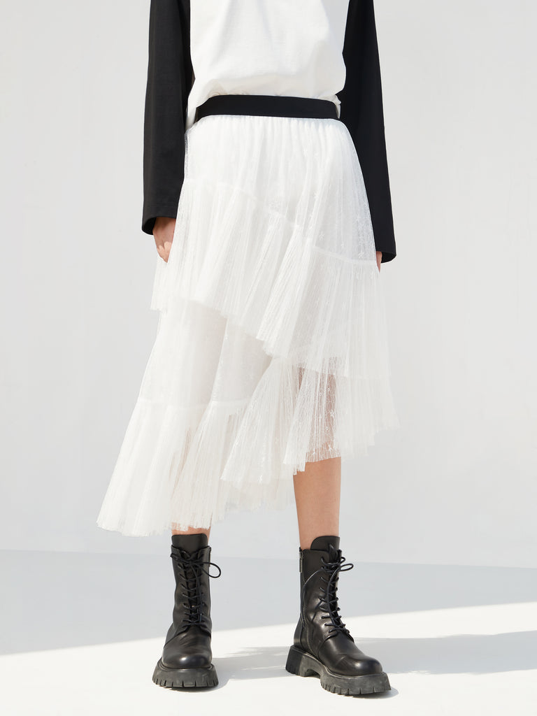 Elasticated Asymmetrical Ruffle White Laced Midi Skirt