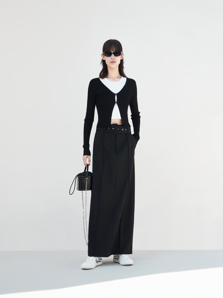 Cropped Two Piece Black Rib Knitted Top