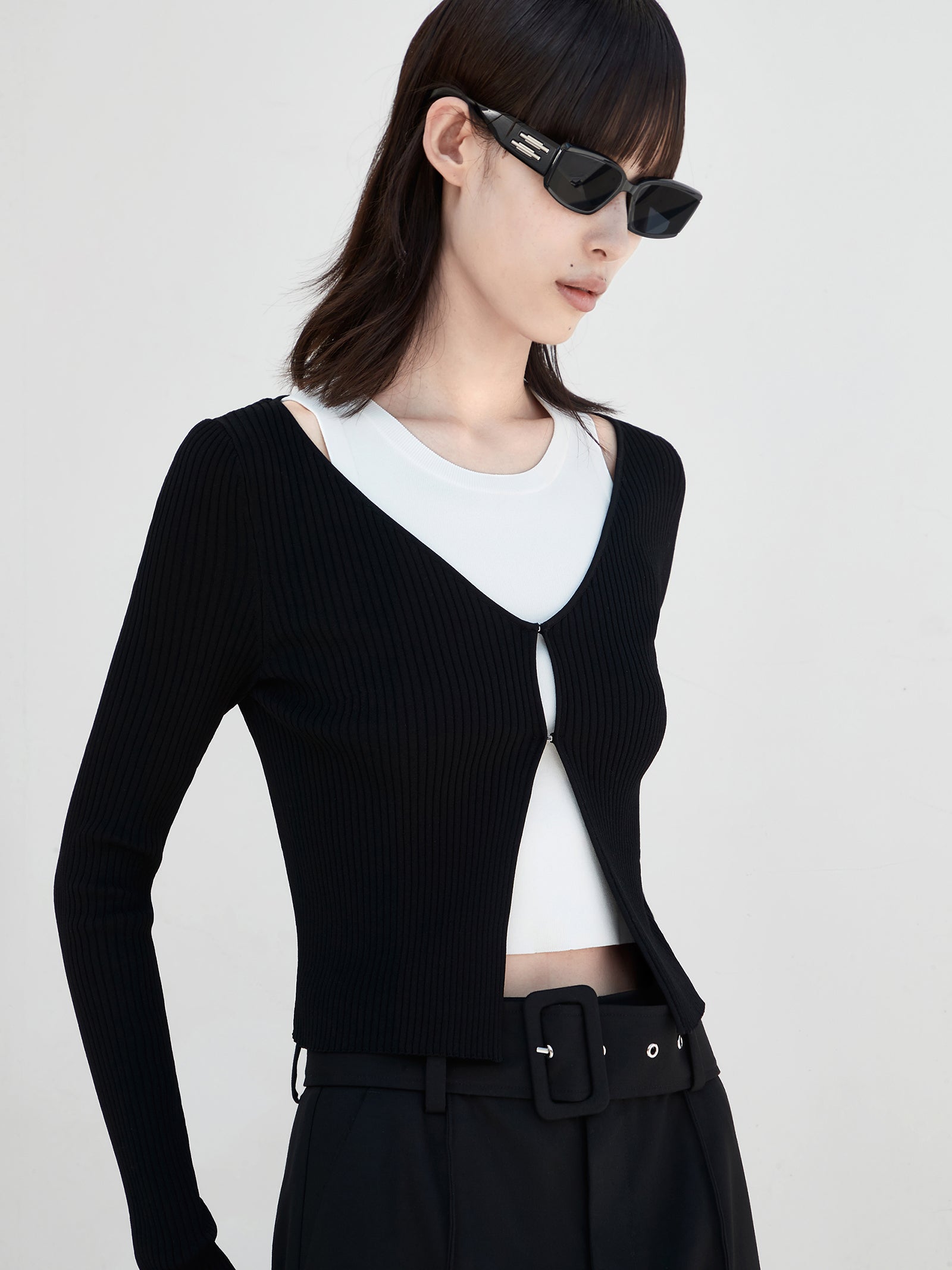 Cropped Two Piece Black Rib Knitted Top