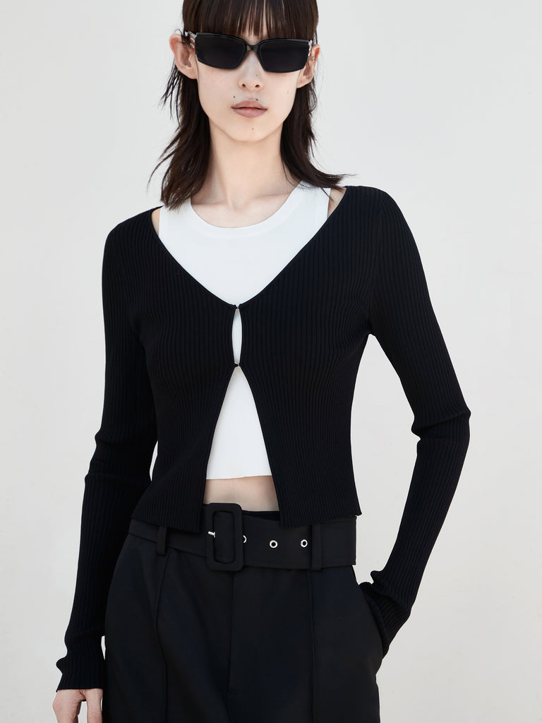 Cropped Two Piece Black Rib Knitted Top