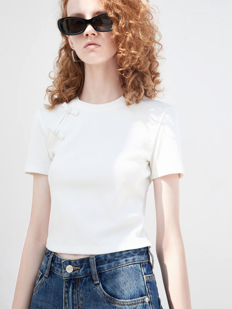 Cheongsam Buckle Ribbed Slim-fit White T-shirt