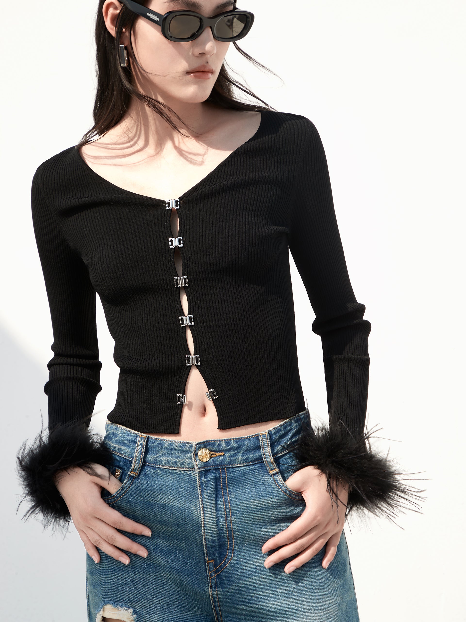 Feather Cuffs Party Wear Black Ribbed Knit Cardigan