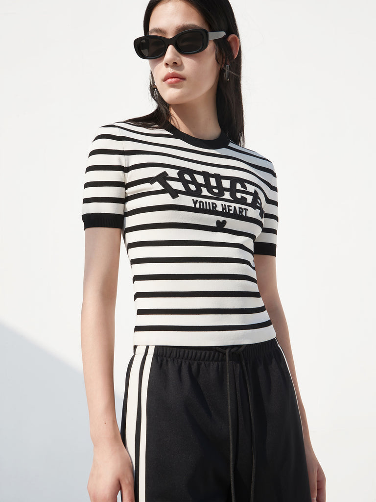 Embroidered Knitted Striped Cropped Black Top