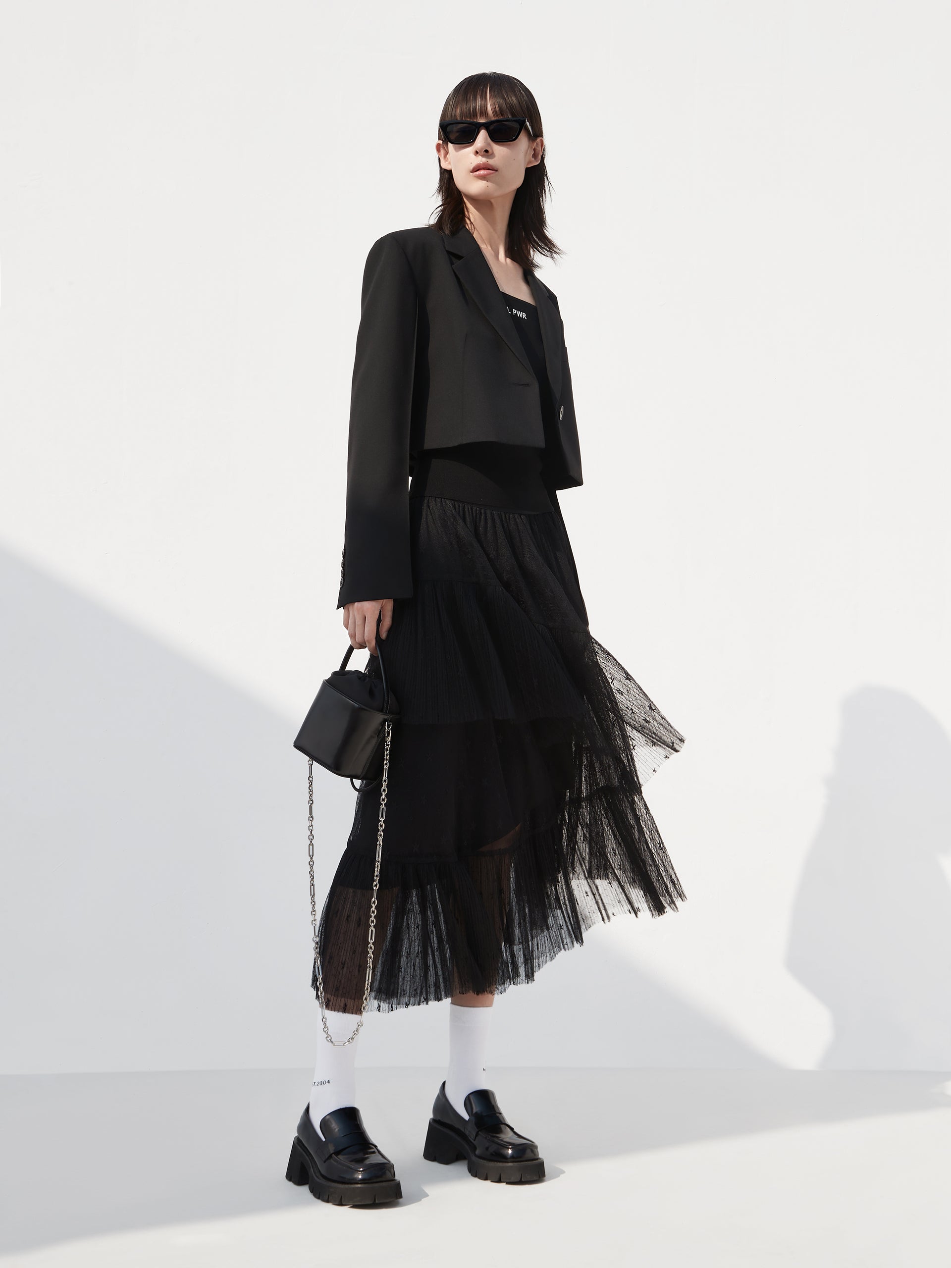 Elasticated Asymmetrical Ruffle Black Laced Midi Skirt