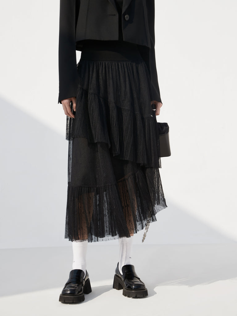 Elasticated Asymmetrical Ruffle Black Laced Midi Skirt