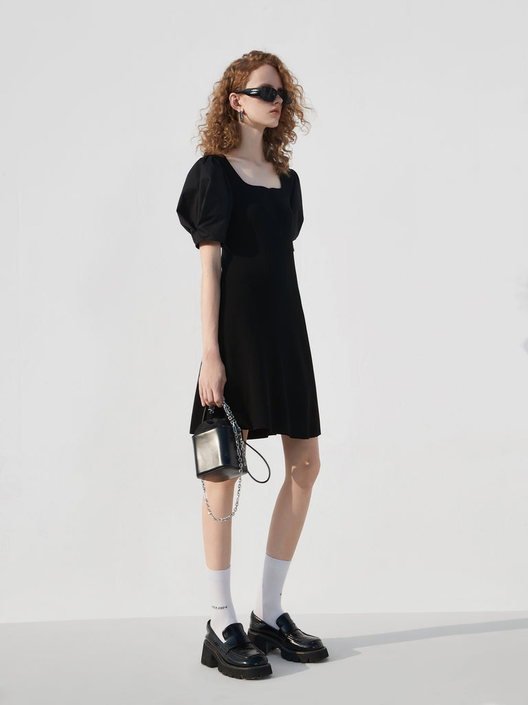 Puff Sleeve A-line Black Mini Dress