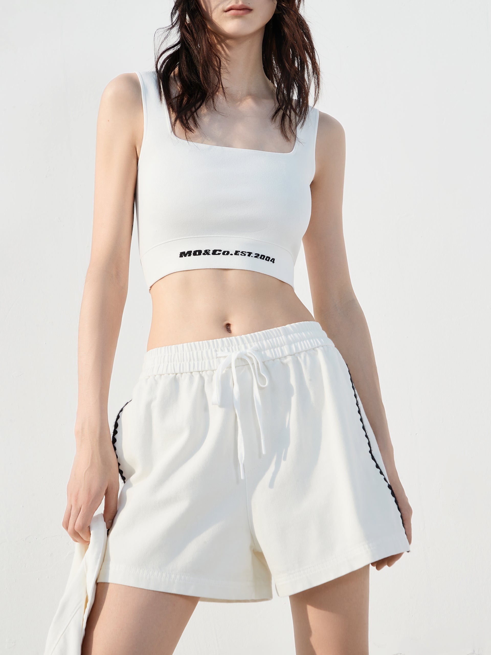 Drawstring High Rise Chain Stitch Details White Shorts