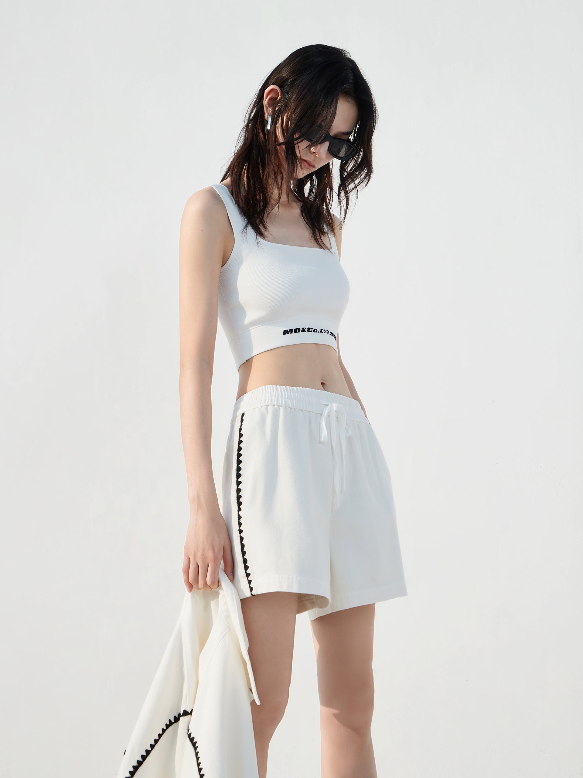 Drawstring High Rise Chain Stitch Details White Shorts