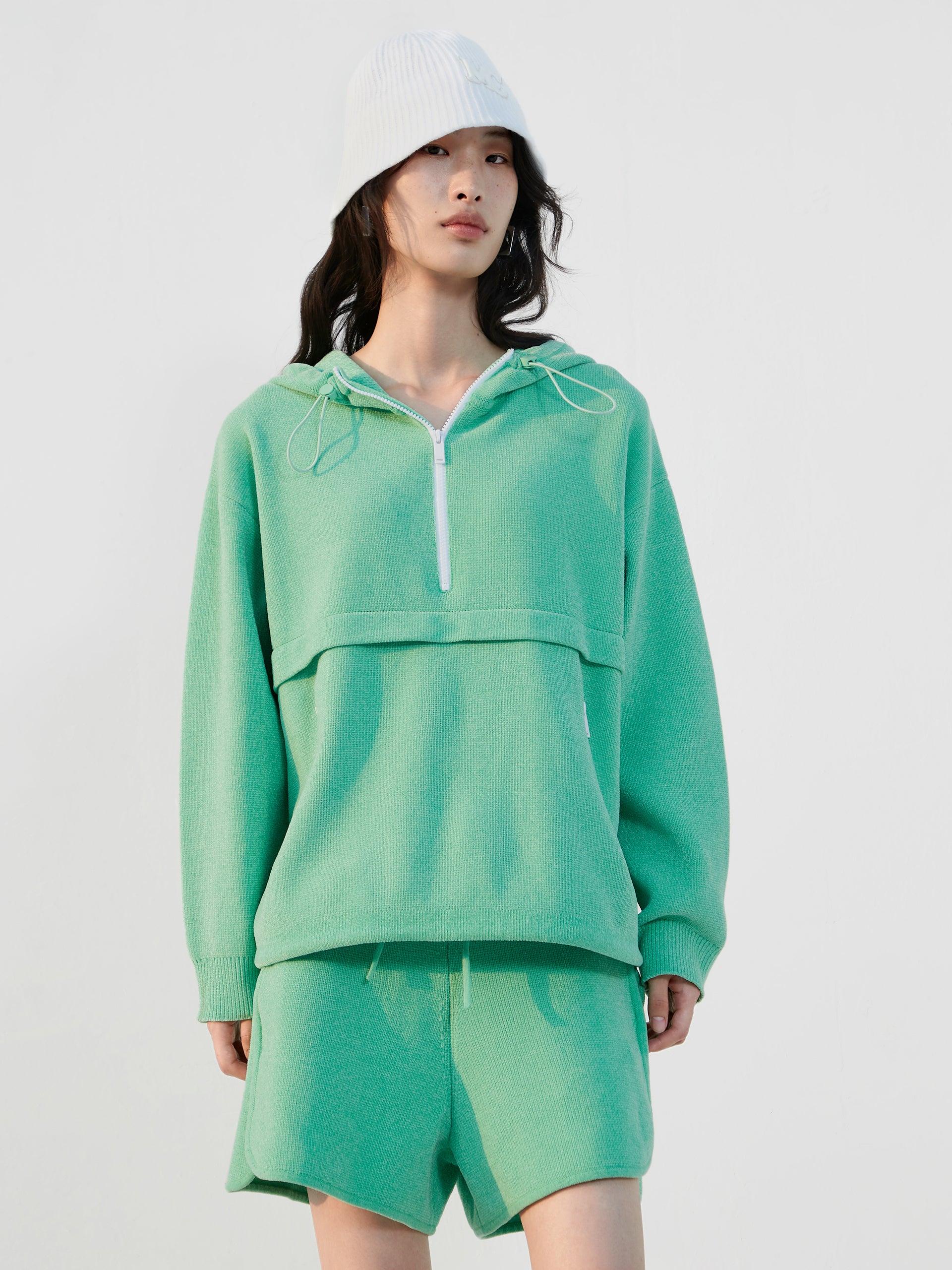 Green Drop Shoulder Hooded Athleisure Sweatshirt