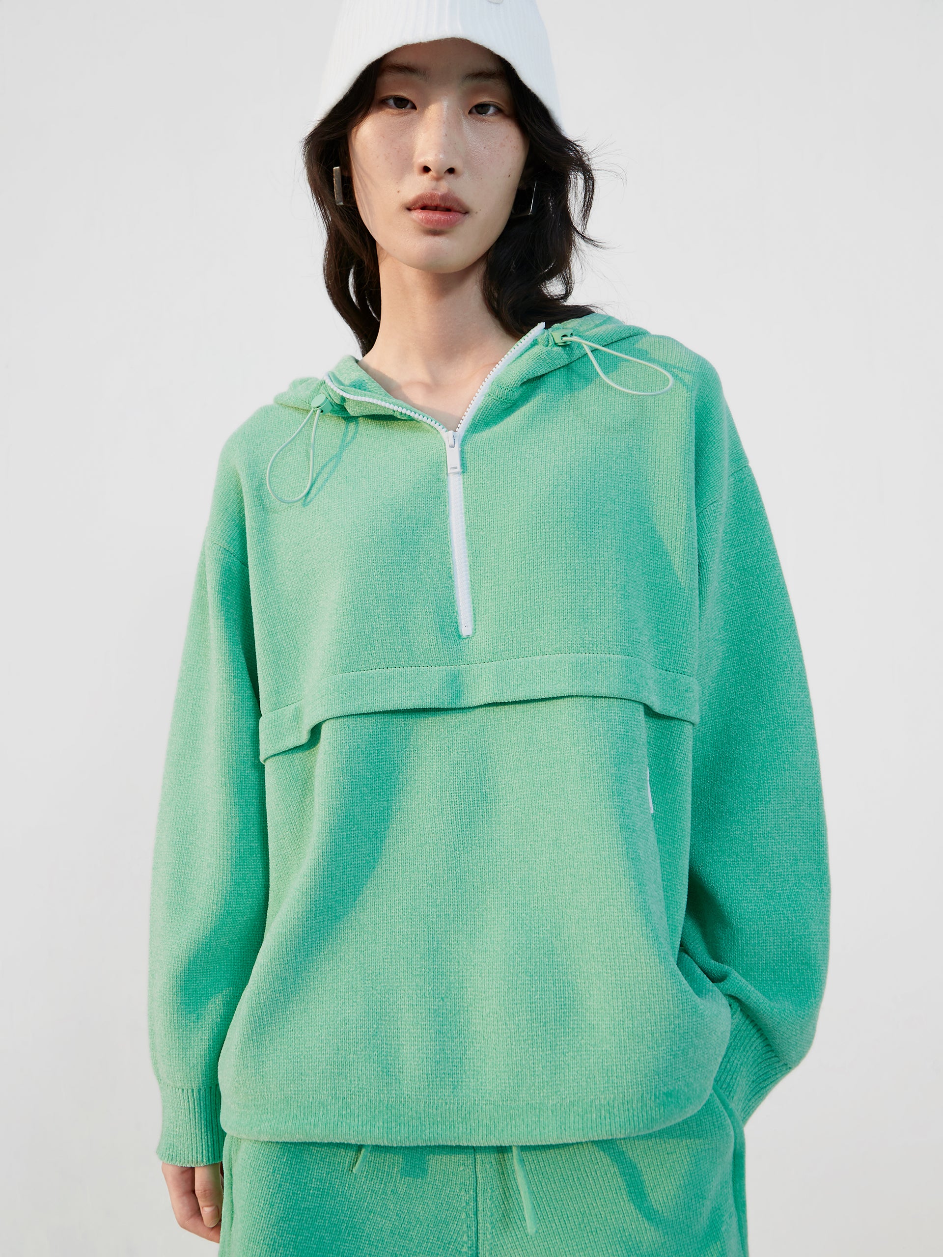 Green Drop Shoulder Hooded Athleisure Sweatshirt