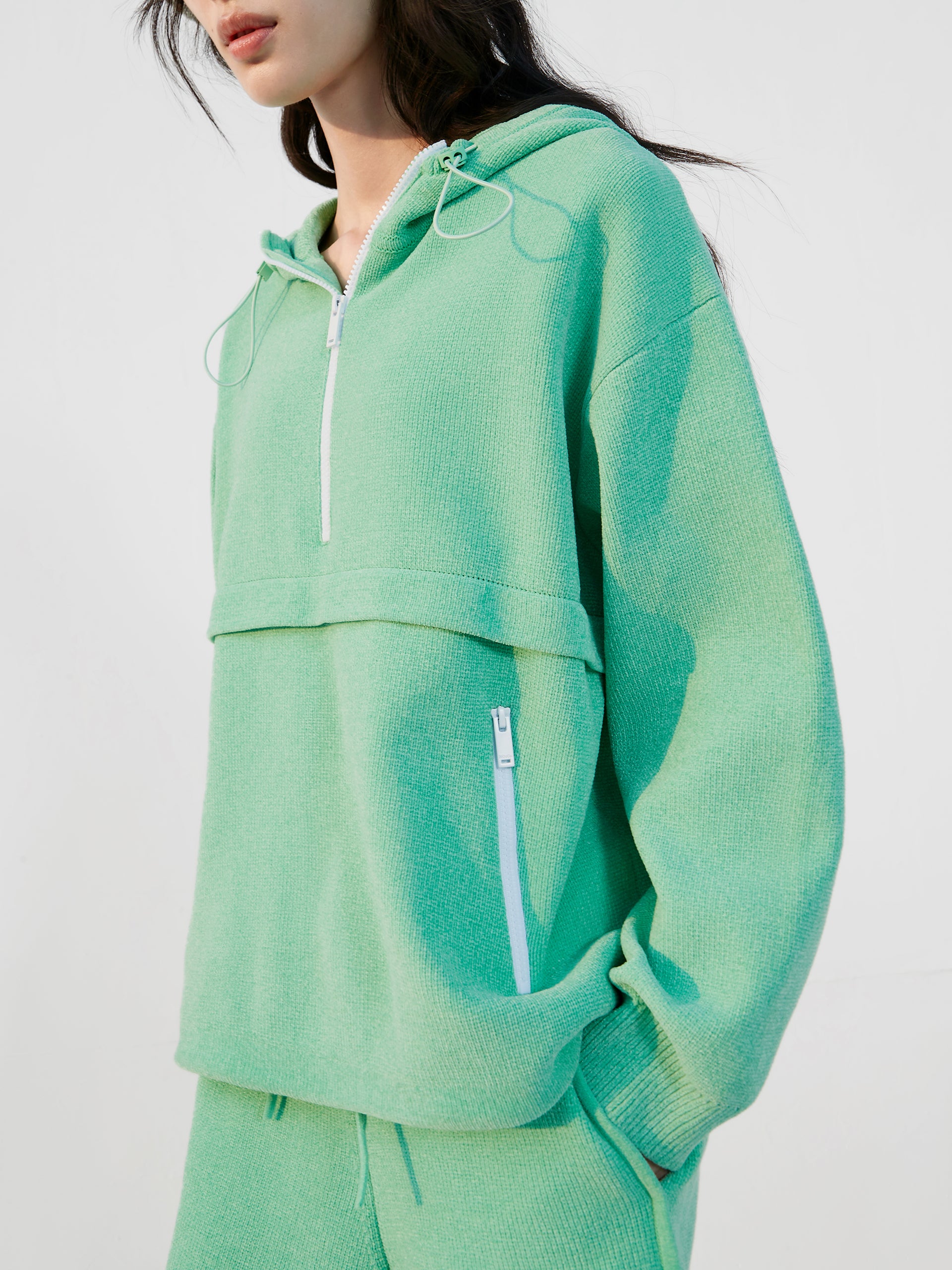 Green Drop Shoulder Hooded Athleisure Sweatshirt