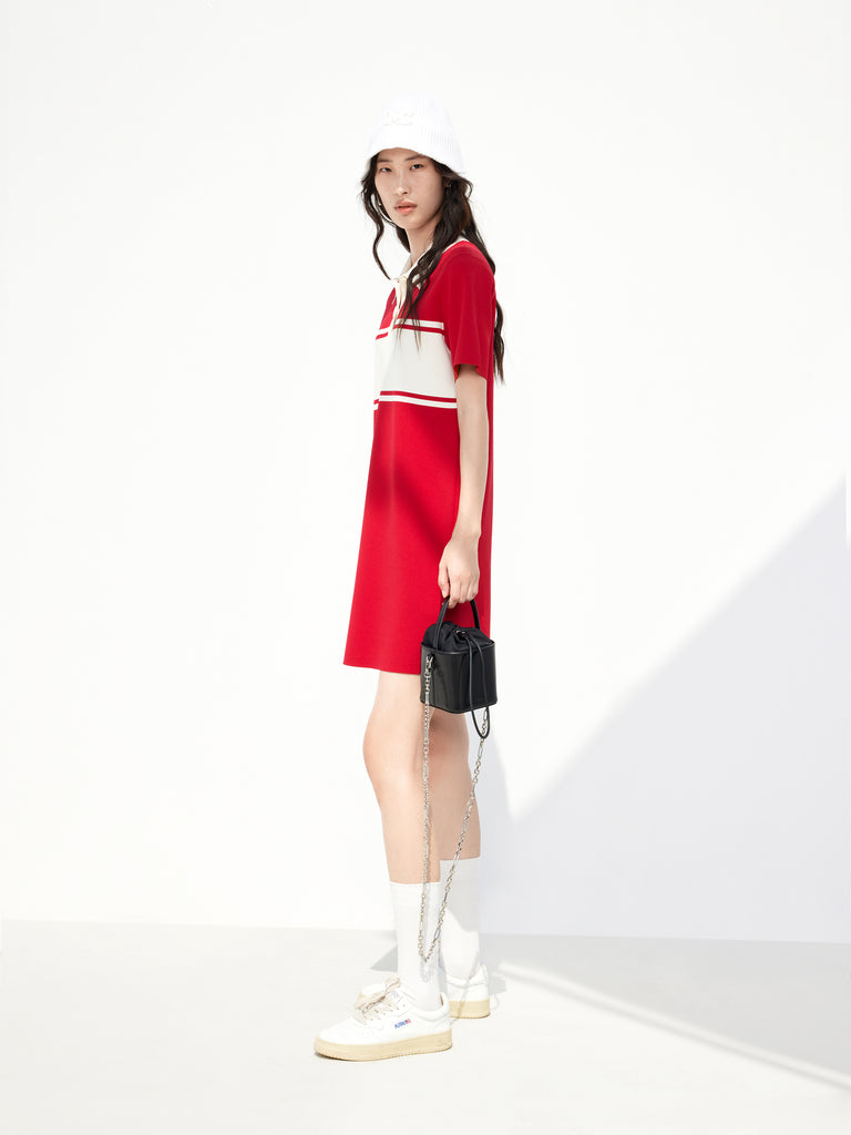 Red Polo Collar Contrasted Shift Mini Dress