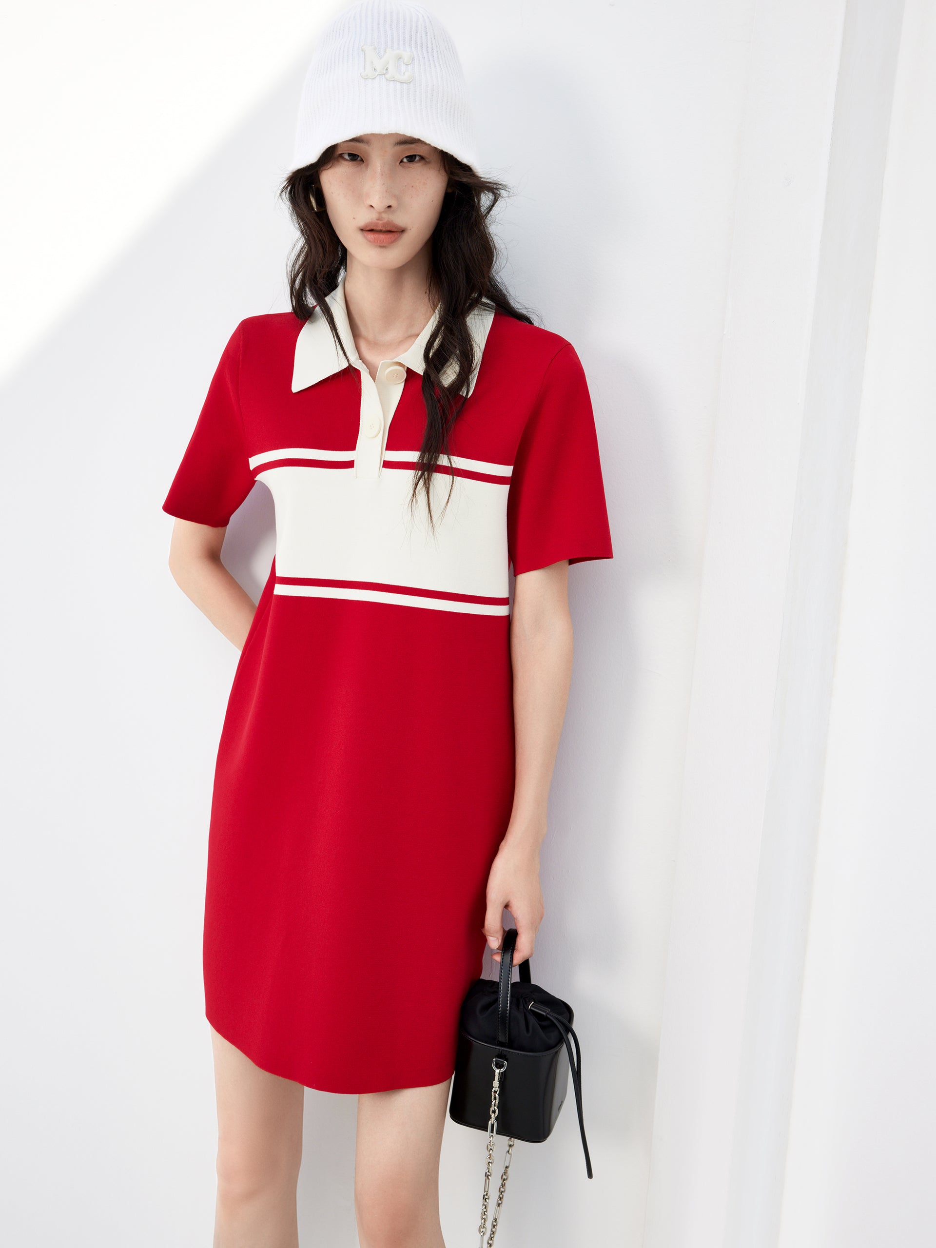 Red Polo Collar Contrasted Shift Mini Dress