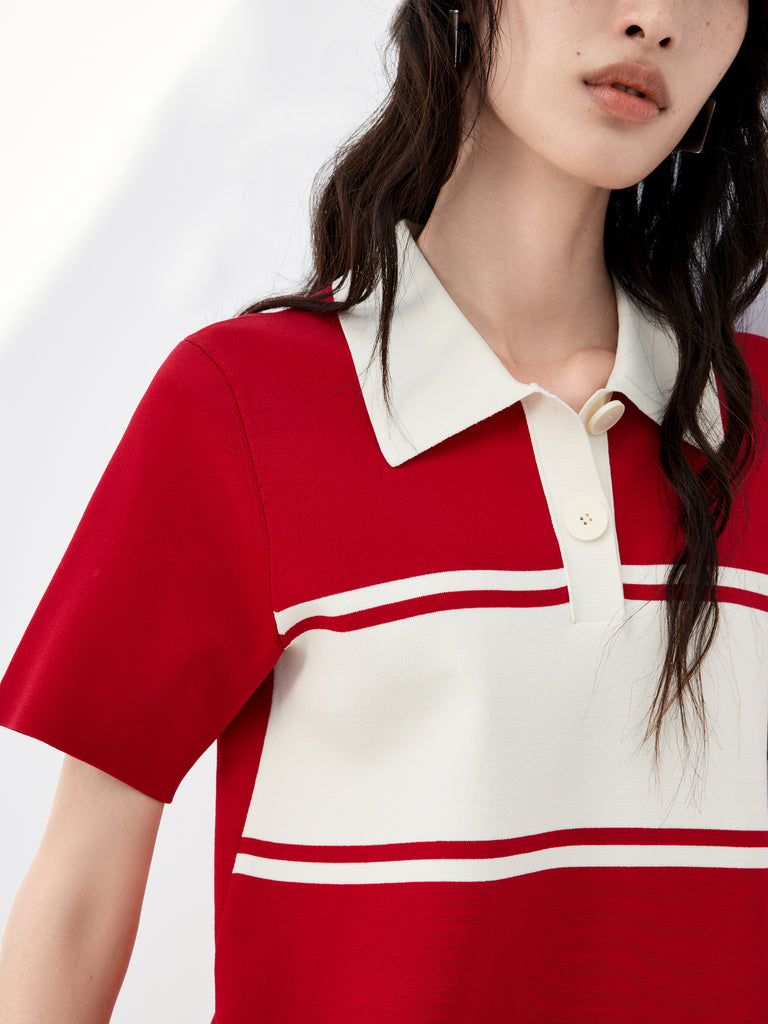Red Polo Collar Contrasted Shift Mini Dress