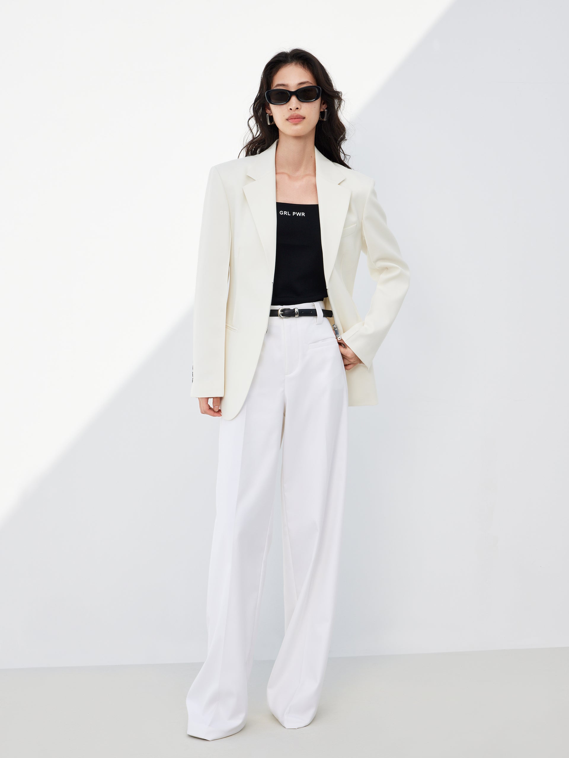 Two Way Zipper Tailored White Blazer