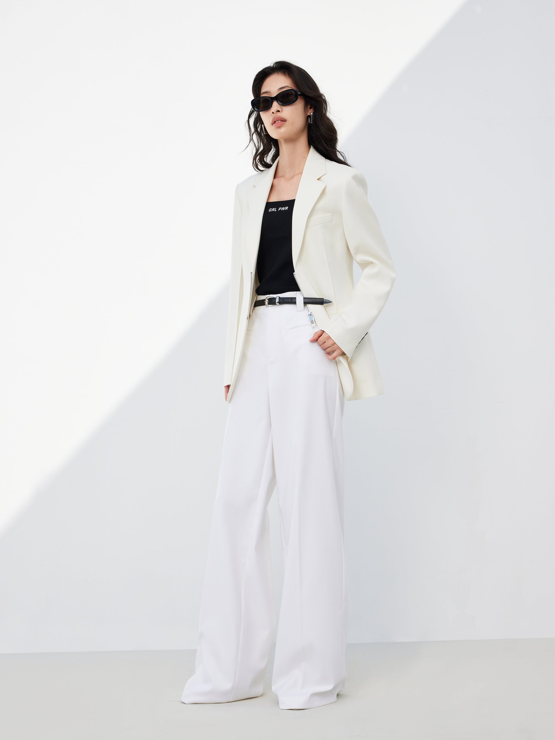 Two Way Zipper Tailored White Blazer