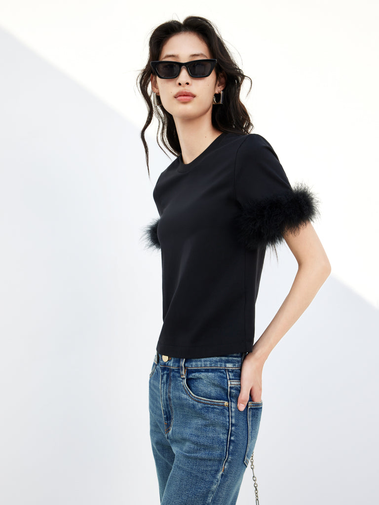 Black Feather Trimmed Day to Night Party Wear Cotton T-shirt