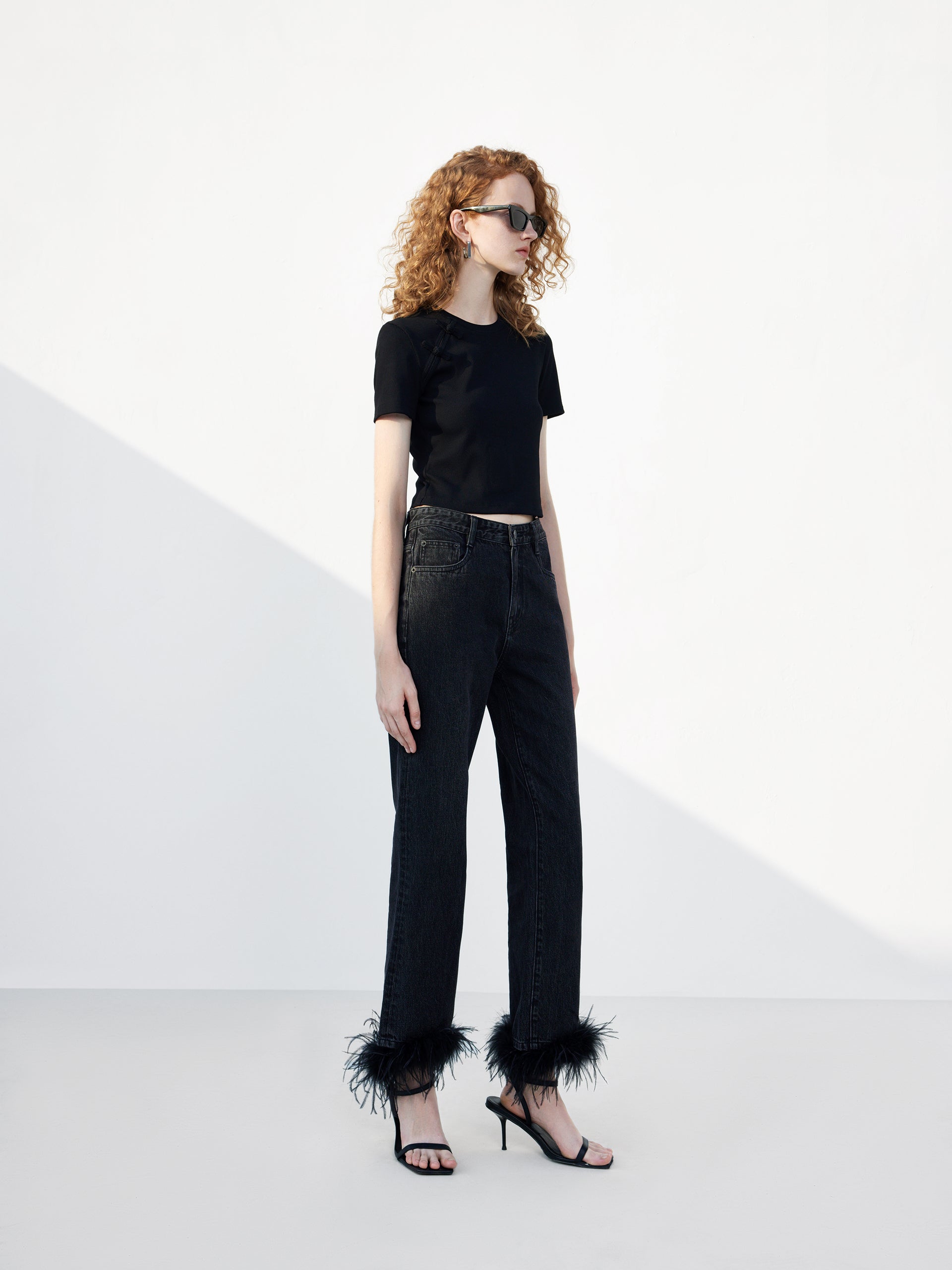 Feather Trimmed Party Wear Day to Night Straight Cotton Black Jeans