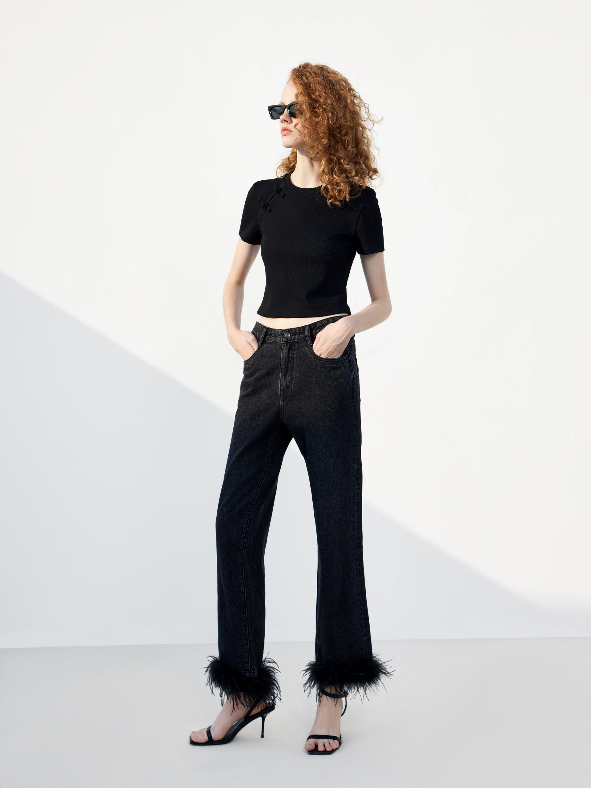 Feather Trimmed Party Wear Day to Night Straight Cotton Black Jeans