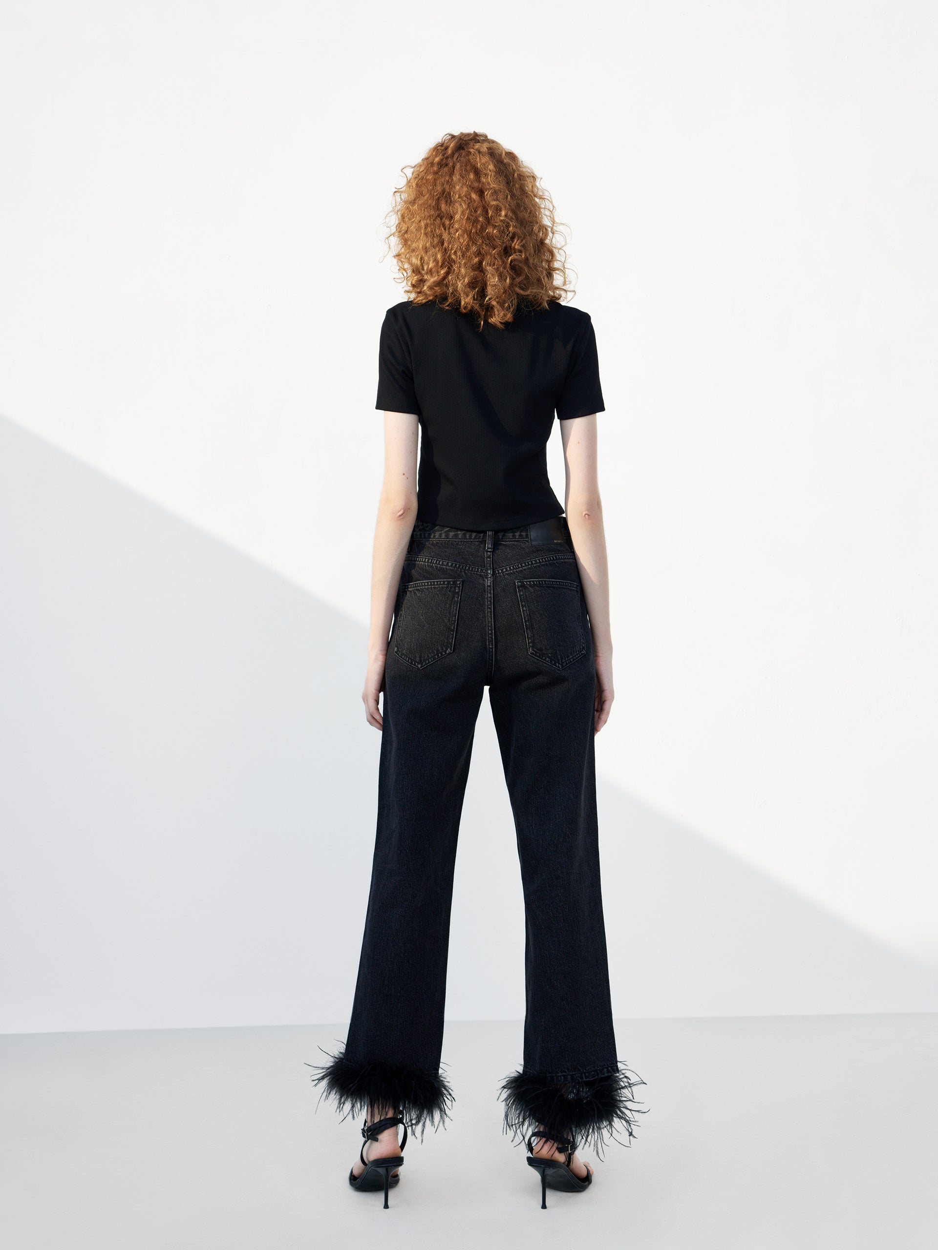 Feather Trimmed Party Wear Day to Night Straight Cotton Black Jeans