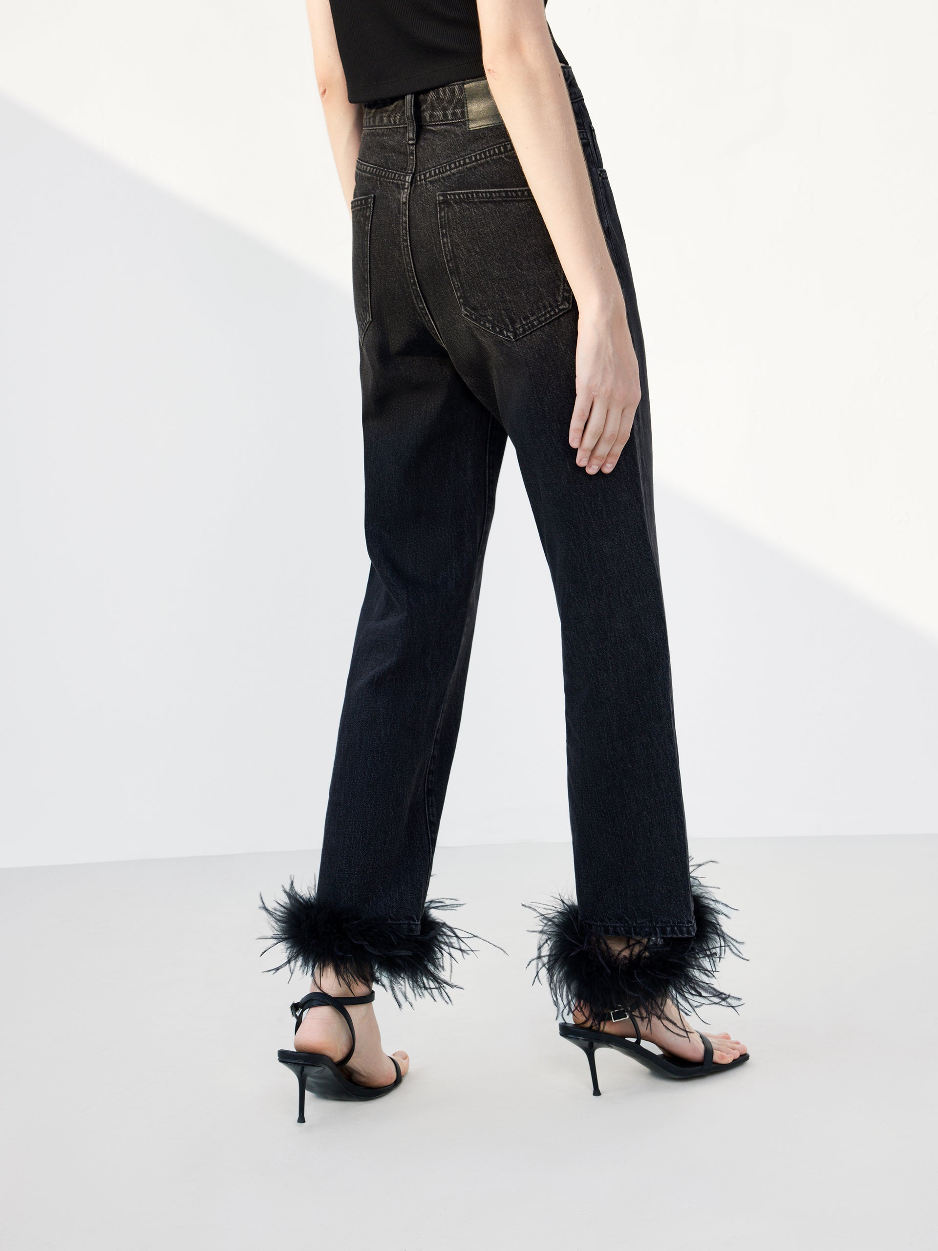 Feather Trimmed Party Wear Day to Night Straight Cotton Black Jeans