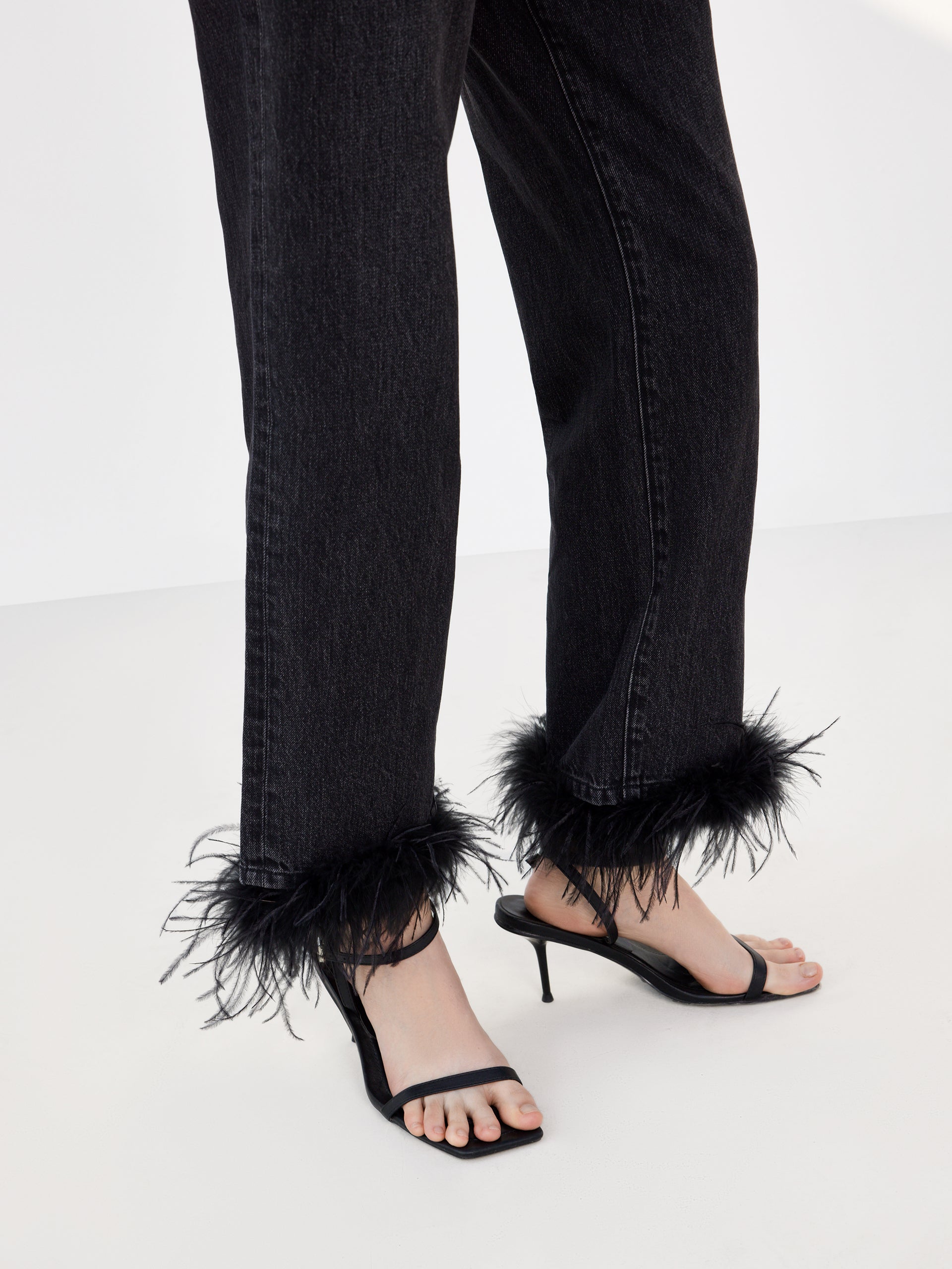 Feather Trimmed Party Wear Day to Night Straight Cotton Black Jeans