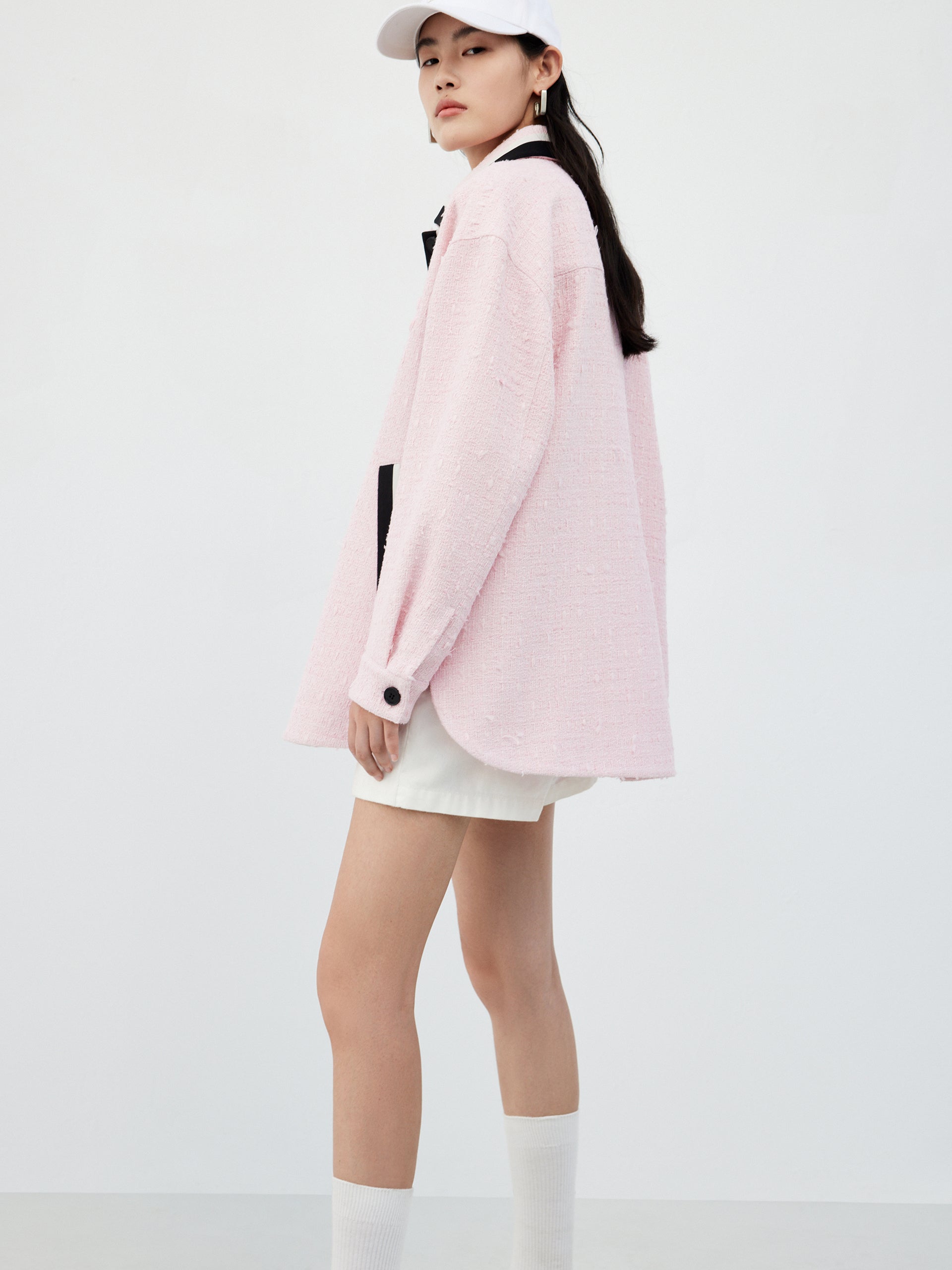 Pink Contrasted Tweed Overshirt Jacket