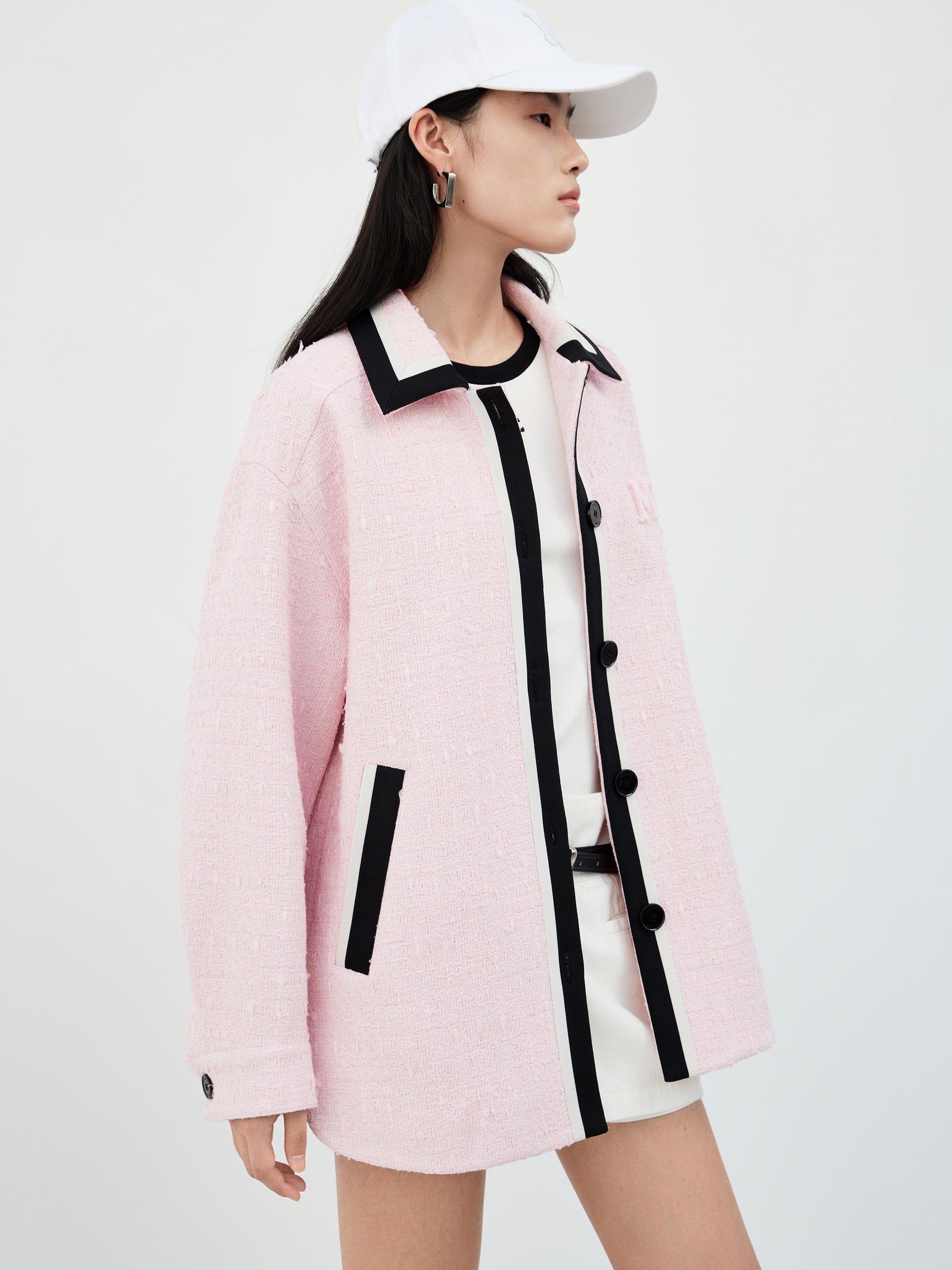 Pink Contrasted Tweed Overshirt Jacket