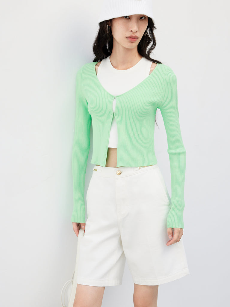 Cropped Two Piece Green Rib Knitted Top