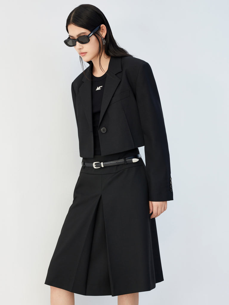 Black Cropped Wool Blend Suit Blazer