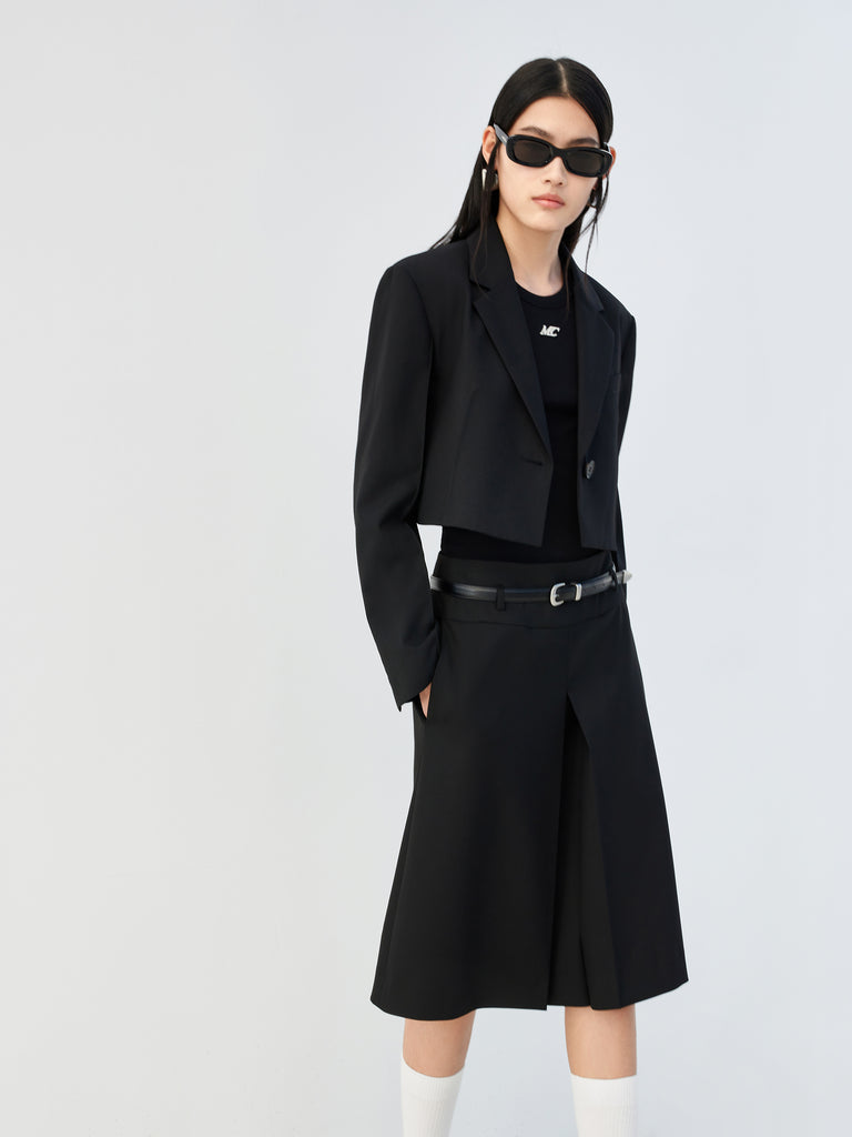 Black Cropped Wool Blend Suit Blazer