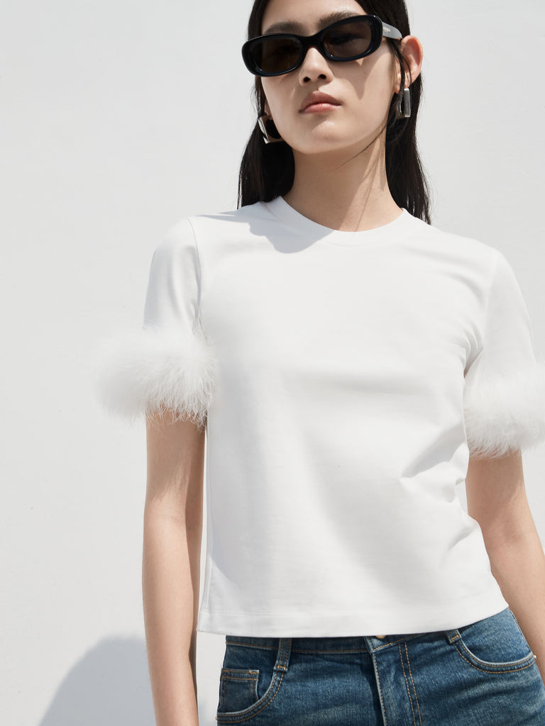 White Feather Trimmed Day to Night Party Wear Cotton T-shirt
