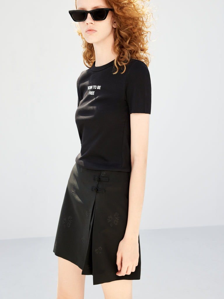 Black Floral Jacquard Pleated Mini A-line Skirt