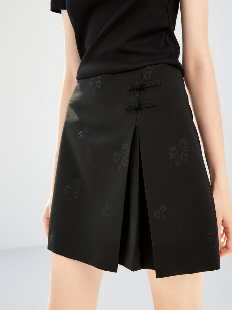Black Floral Jacquard Pleated Mini A-line Skirt