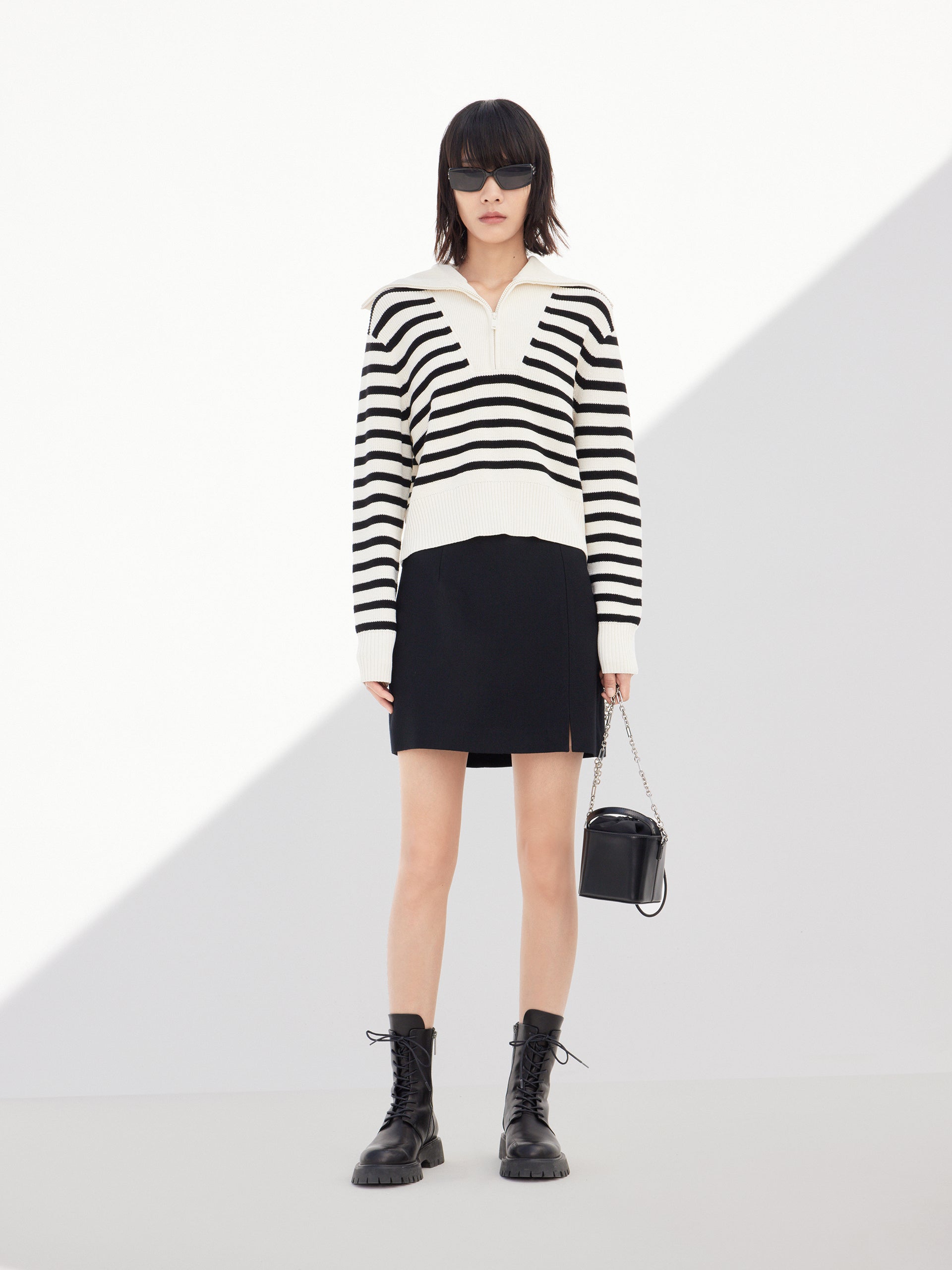 Wool Blend Black Striped Half Zip Collar Knitted Top