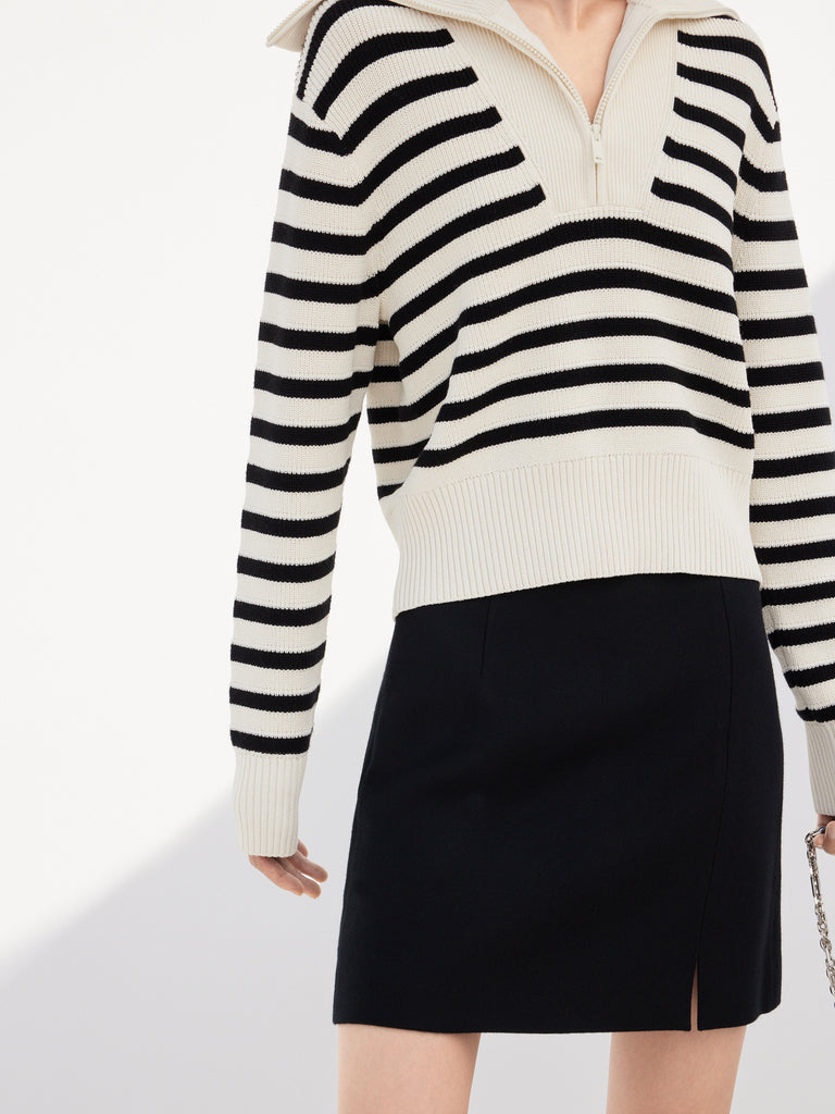Wool Blend Black Striped Half Zip Collar Knitted Top