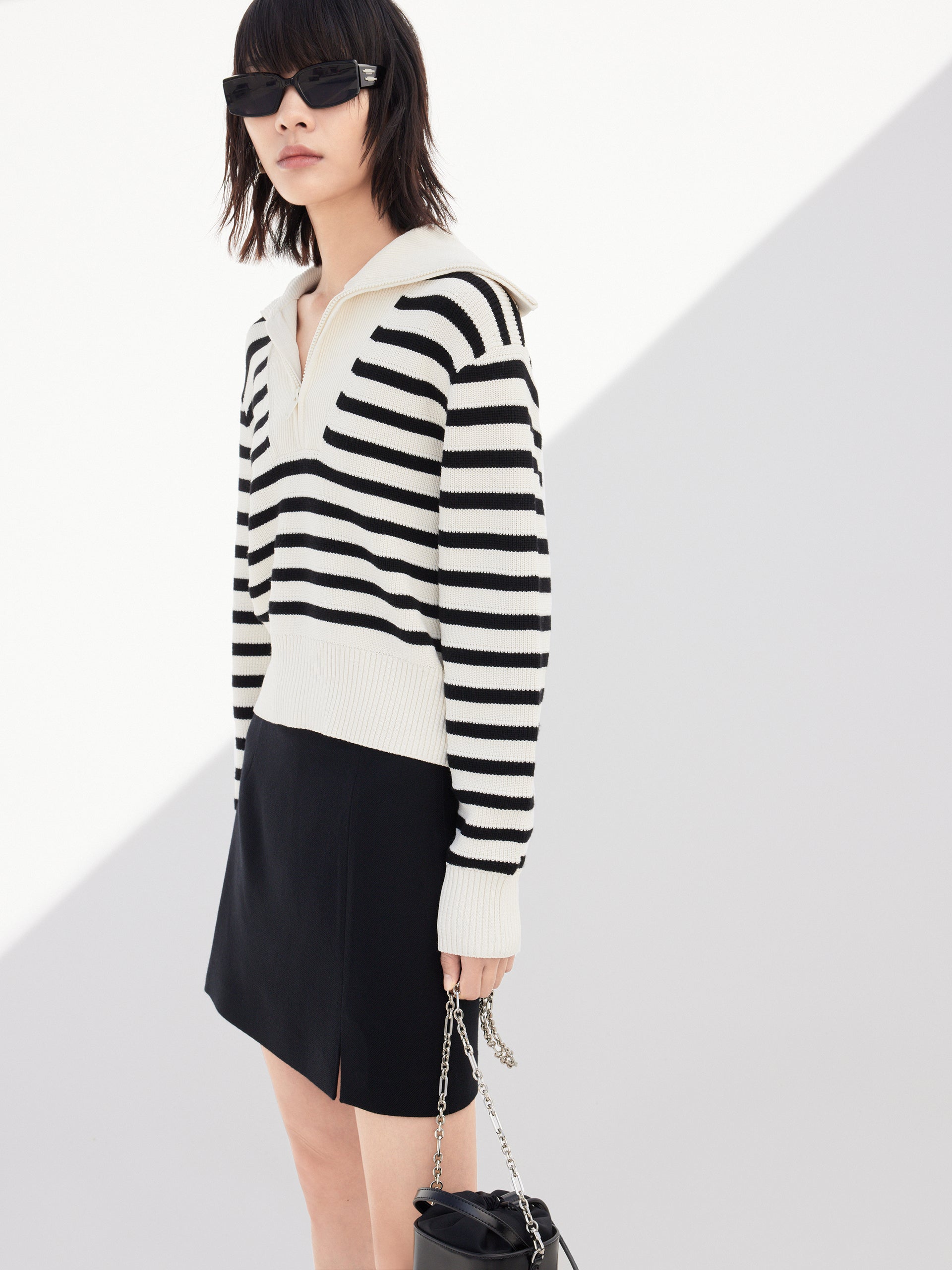 Wool Blend Black Striped Half Zip Collar Knitted Top