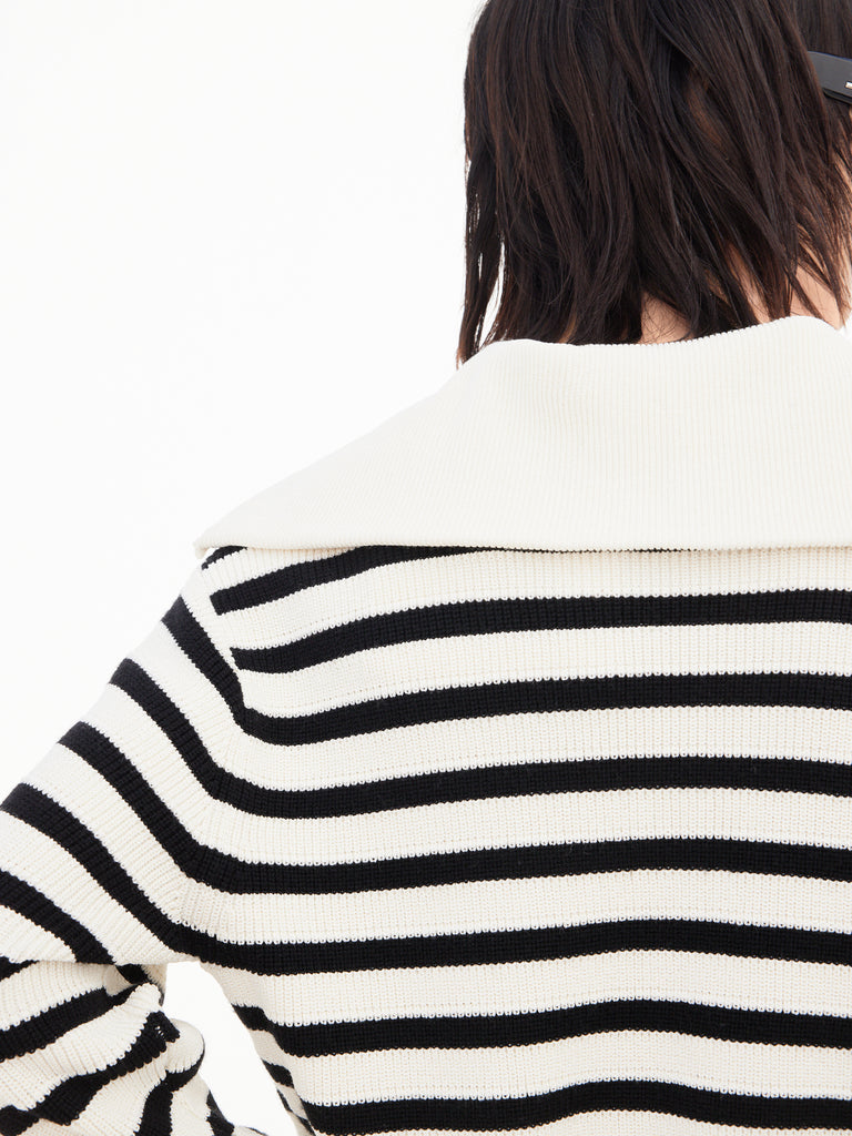 Wool Blend Black Striped Half Zip Collar Knitted Top