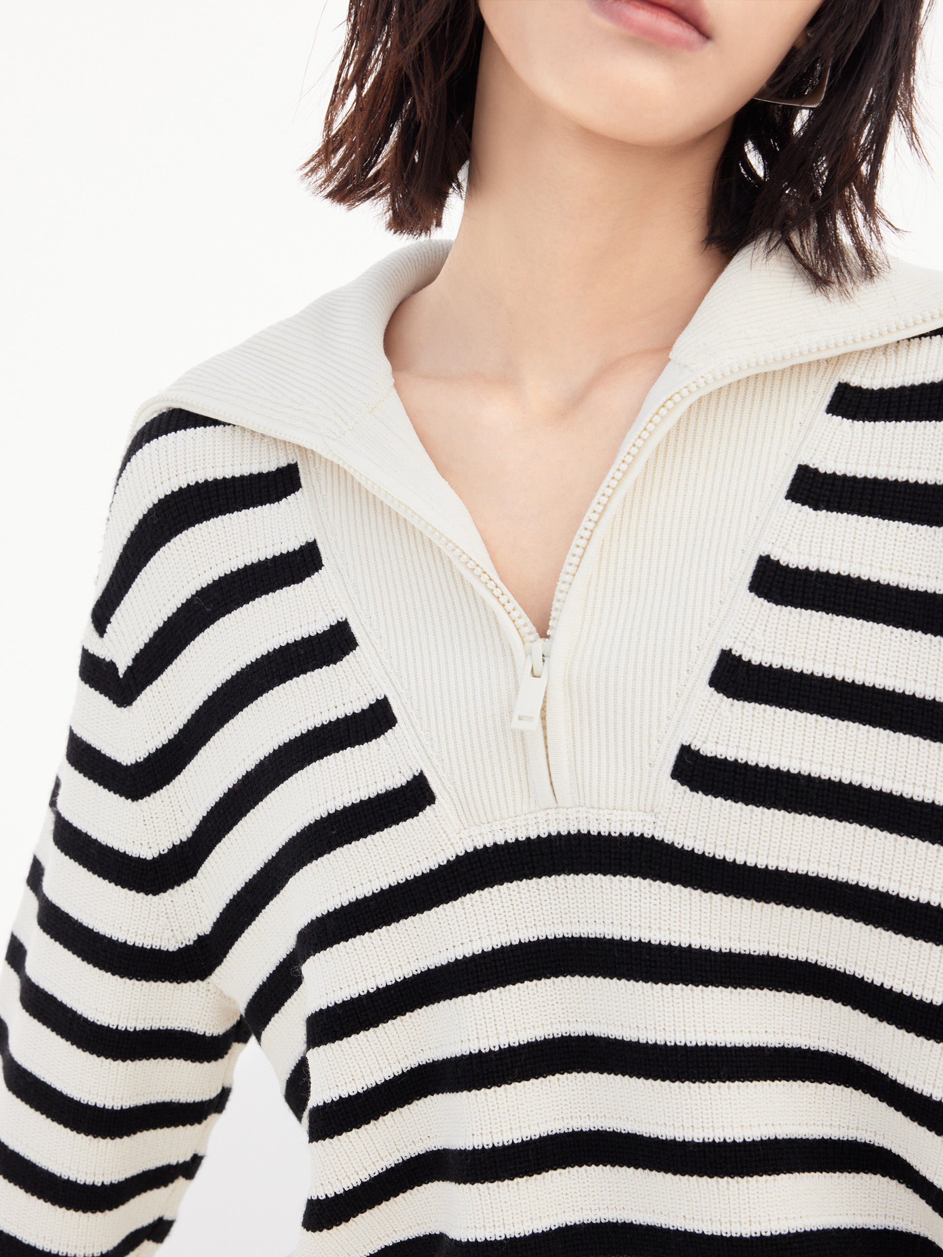 Wool Blend Black Striped Half Zip Collar Knitted Top