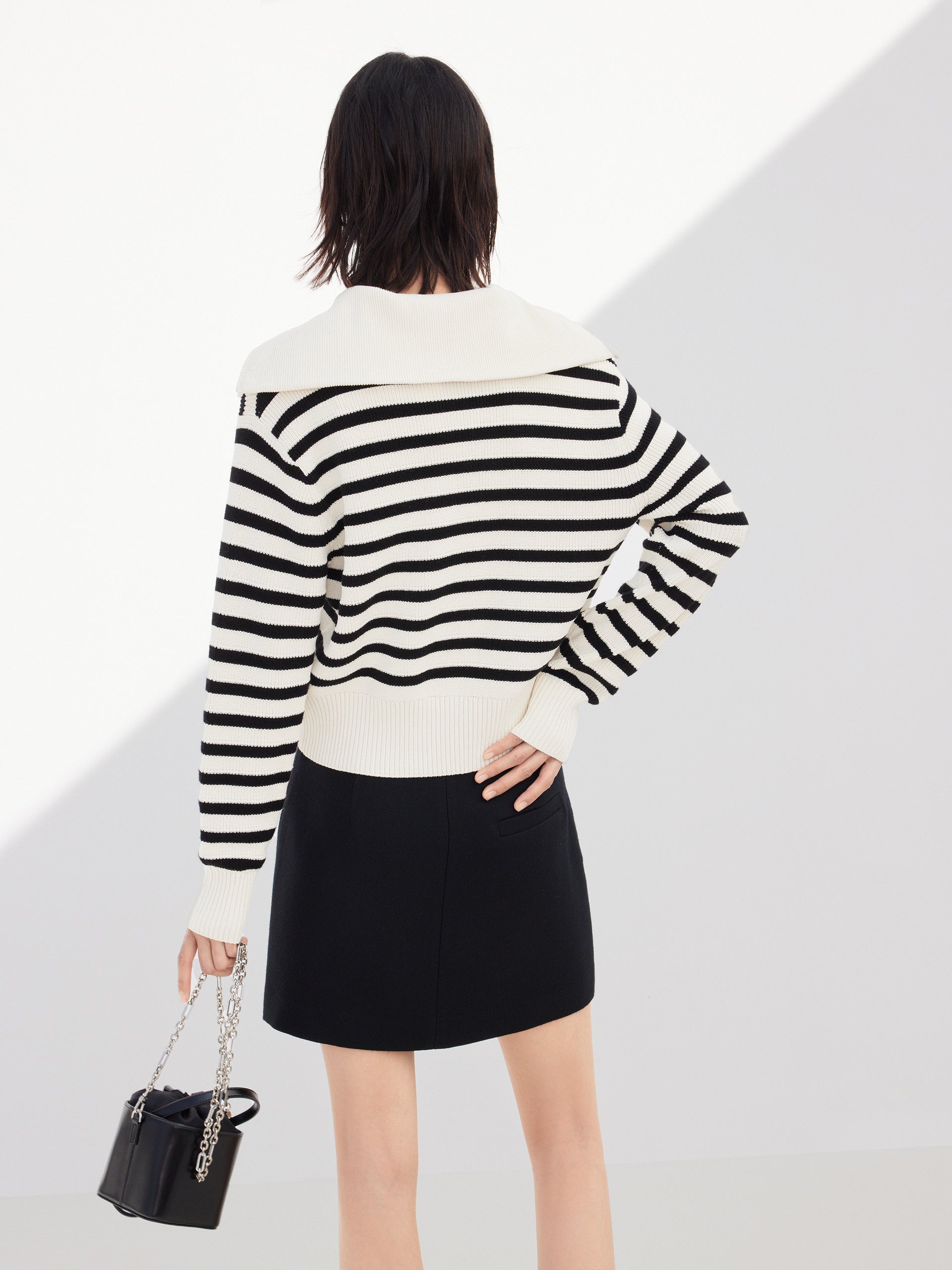 Wool Blend Black Striped Half Zip Collar Knitted Top