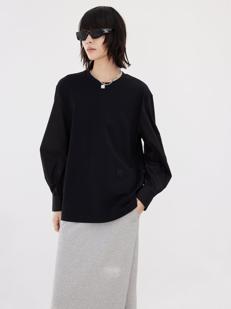 Black Long Sleeves Round Neck Logo Top in Cotton