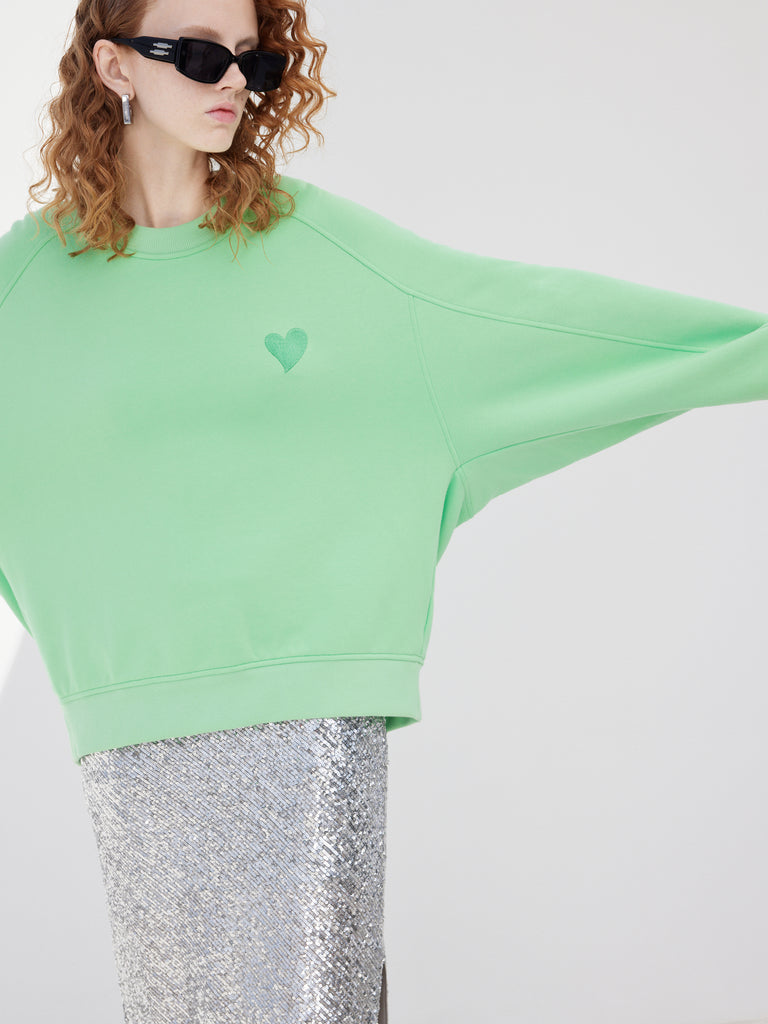 Heart Pattern Embroidered Causal Green Cotton Sweatshirt