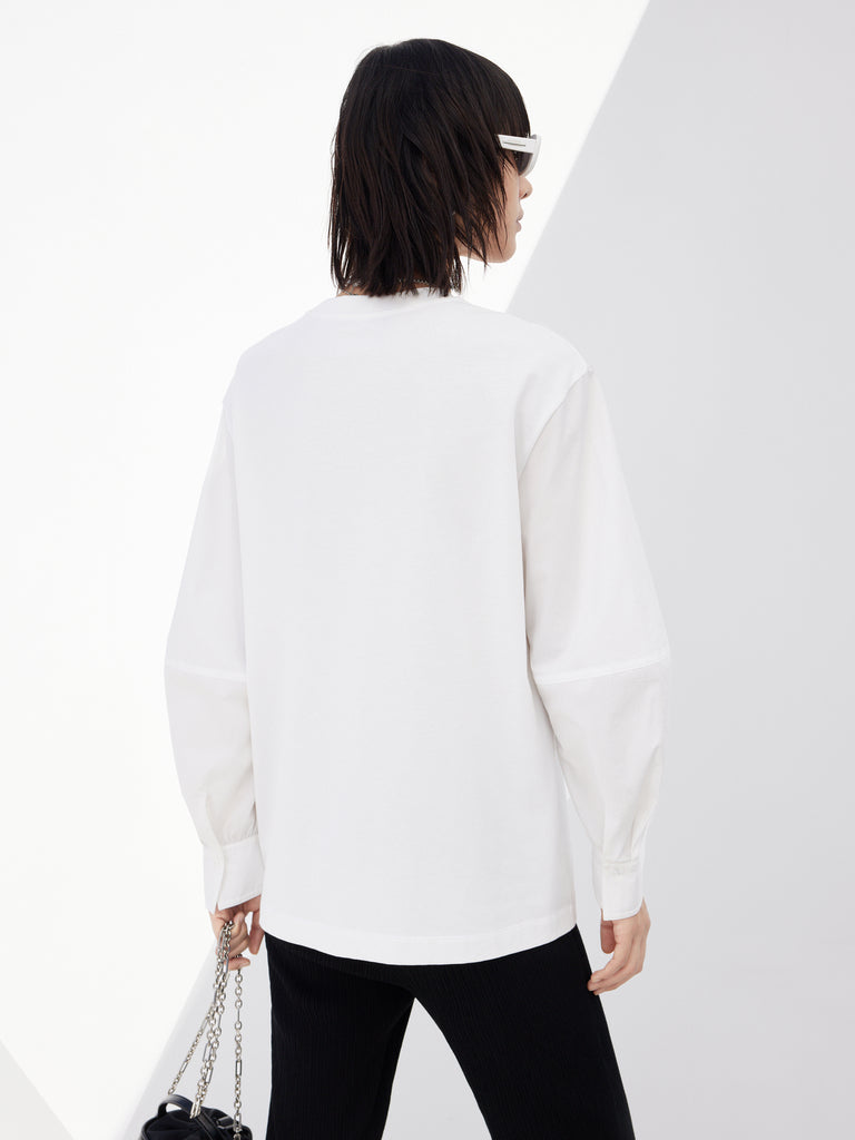 White Long Sleeves Round Neck Logo Top in Cotton