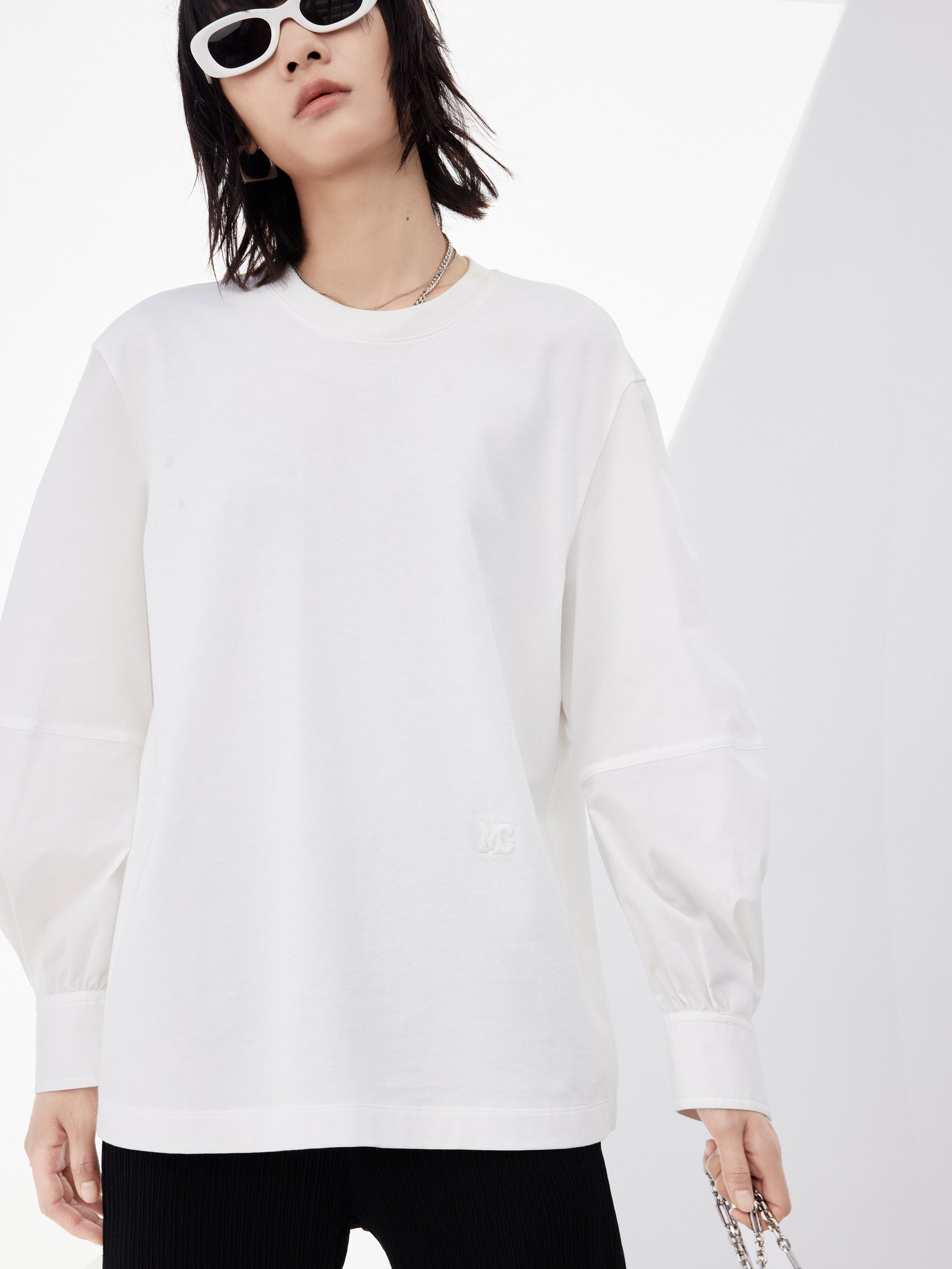 White Long Sleeves Round Neck Logo Top in Cotton