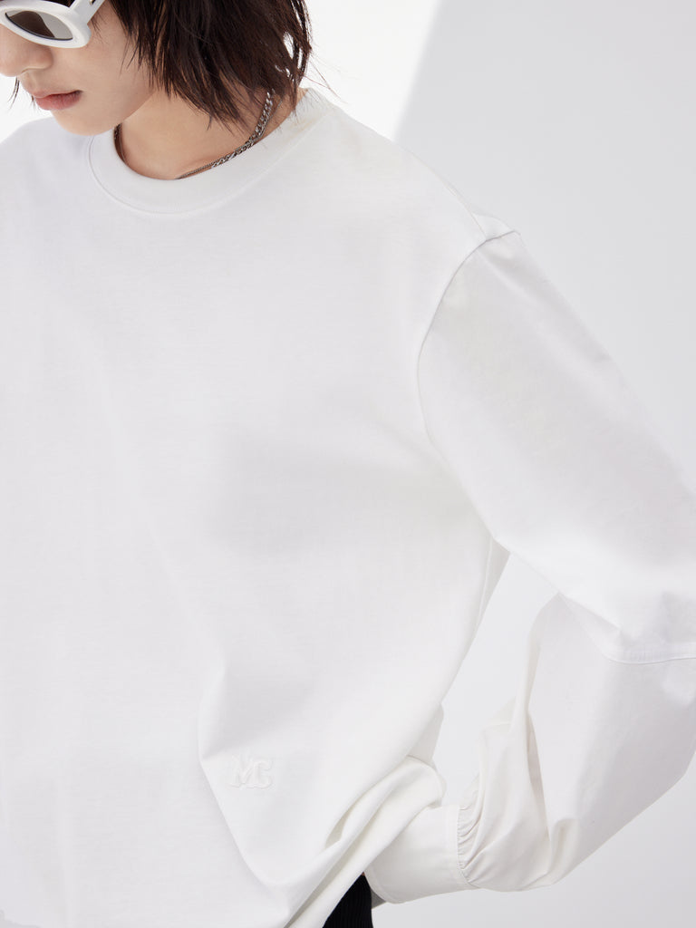White Long Sleeves Round Neck Logo Top in Cotton