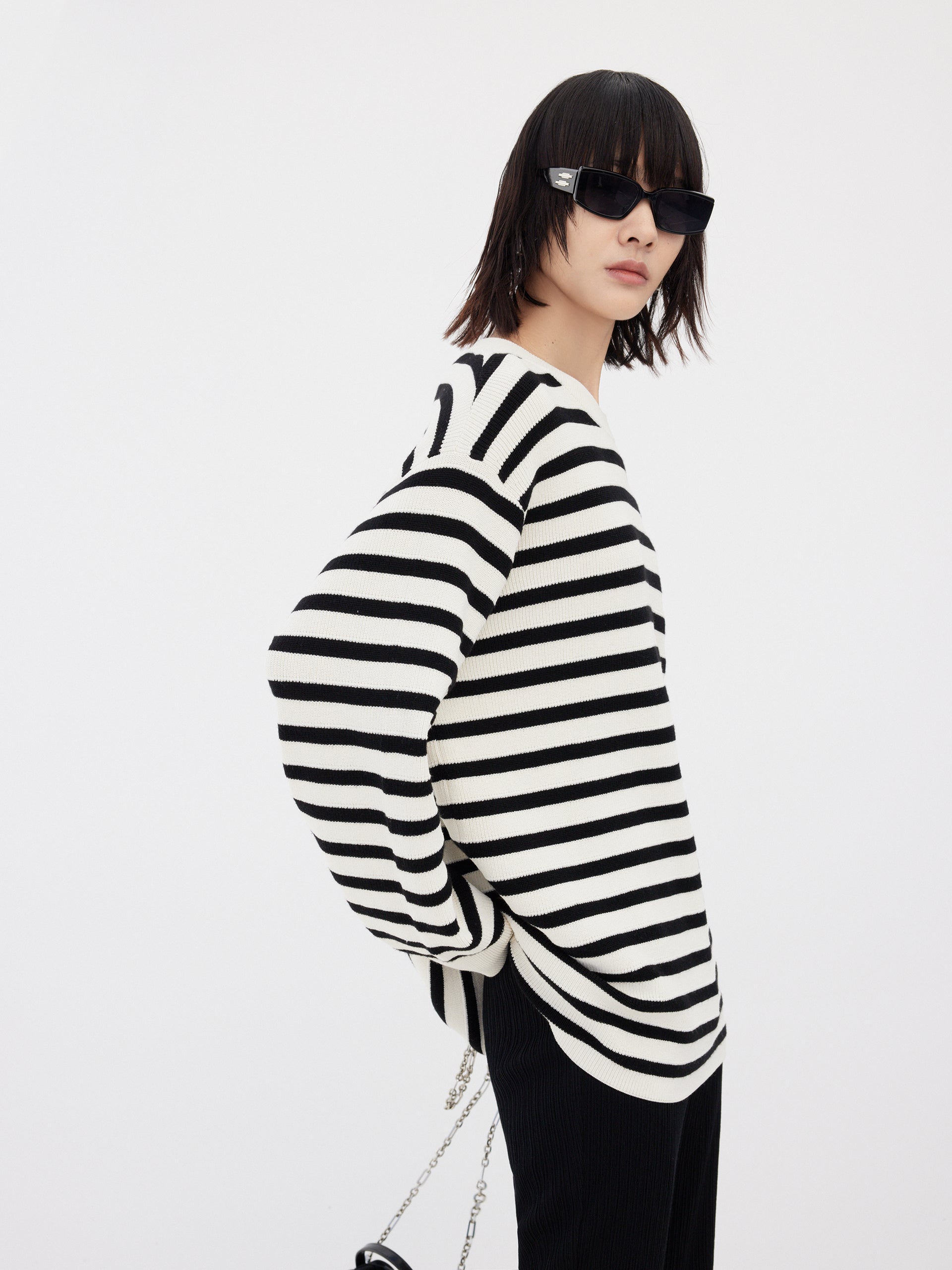 Wool Blend Oversize Black Striped Causal Sweater