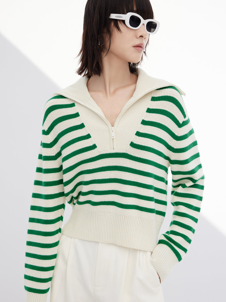 Wool Blend Green Striped Half Zip Collar Knitted Top